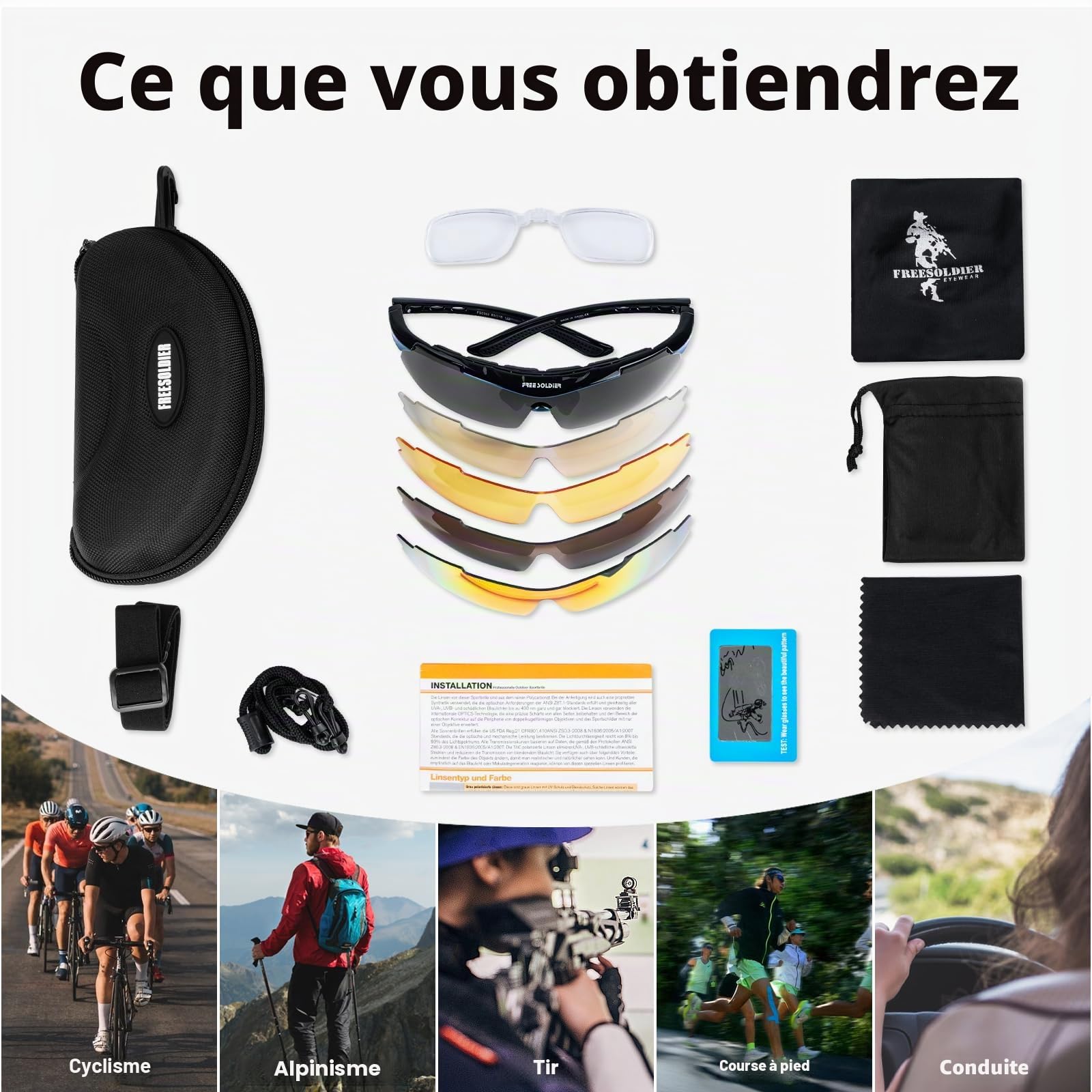 FREE SOLDIER Lunettes Homme de Cyclisme Lunettes anti-UV400 Tactiques Militaires 5 en 1 Lunette Peche pour VTT Airsoft Course à Pied, Conduite, Sports de Plein air