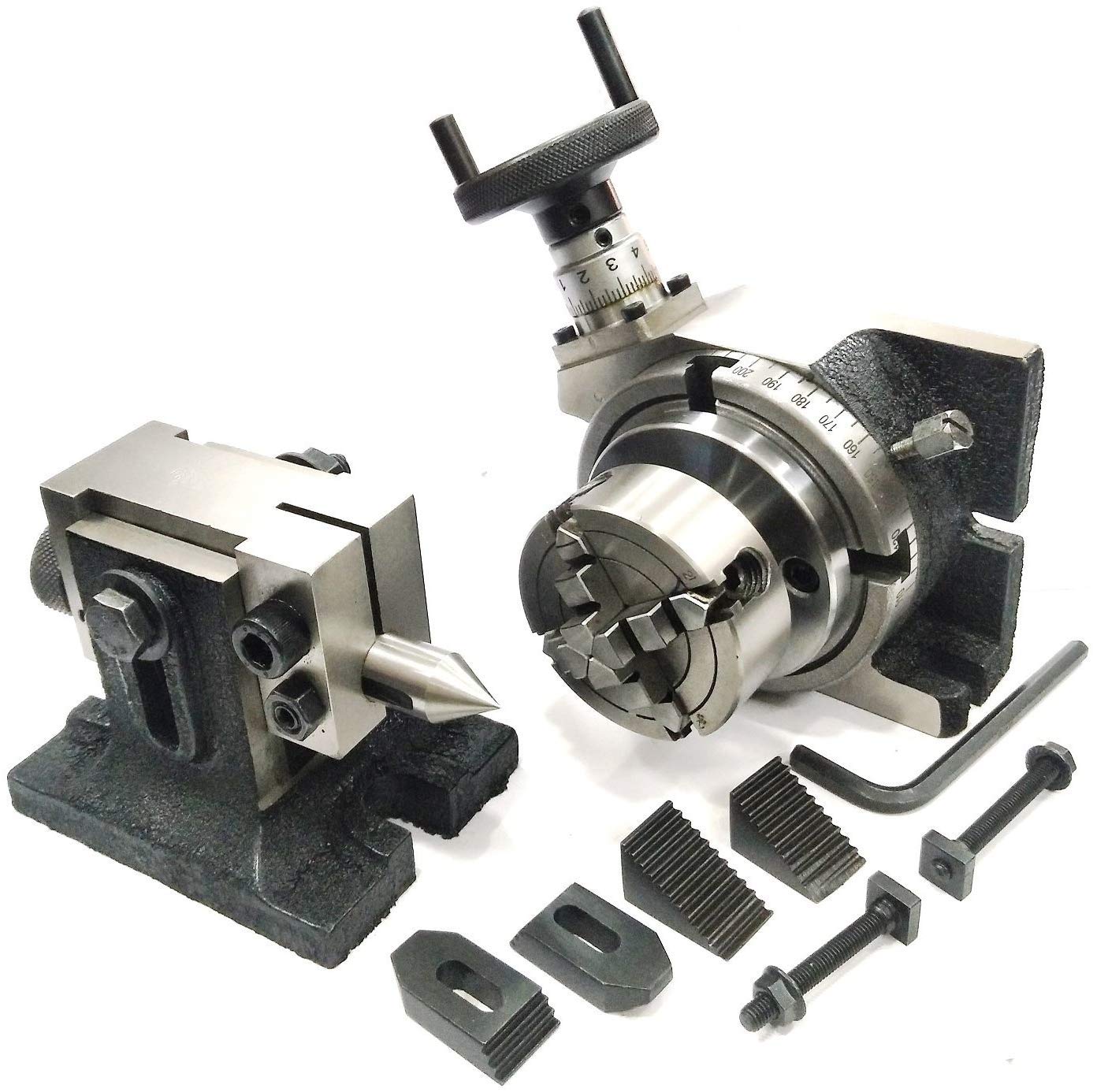 Indicizzazione di fresatura 10,2 cm/100 mm tavola rotante di precisione orizzontale verticale con contropunta adatta, kit morsa M6 e morsa rotonda (con mandrino indipendente da 70 mm 4 JAW)