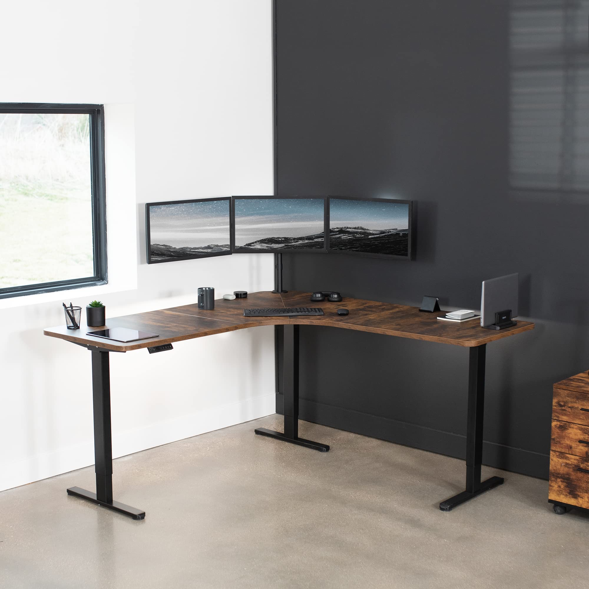 VIVO Electric Height Adjustable 71 x 71 inch Curved Corner Stand Up Desk Rustic Vintage Brown Table Top — view 8