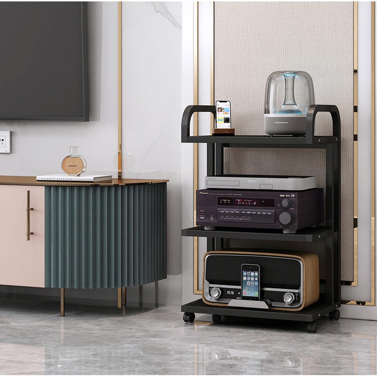 Movable AV Media Player Stand 3-Tier Wooden Corner Shelf Entertainment Stereo Component Storage Cabinet CD Rack Audio Tower for Home/Office/Theater(Color:A)