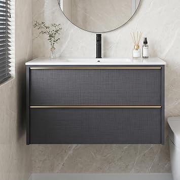 36 Inch Bathroom Vanity with Sink Combo, Modern Floating Bathroom Vanity with 2 Soft Close Drawers, Wooden Wall Mounted Cabinet with Large Storage and Metal Handles for Small Spaces, Gray