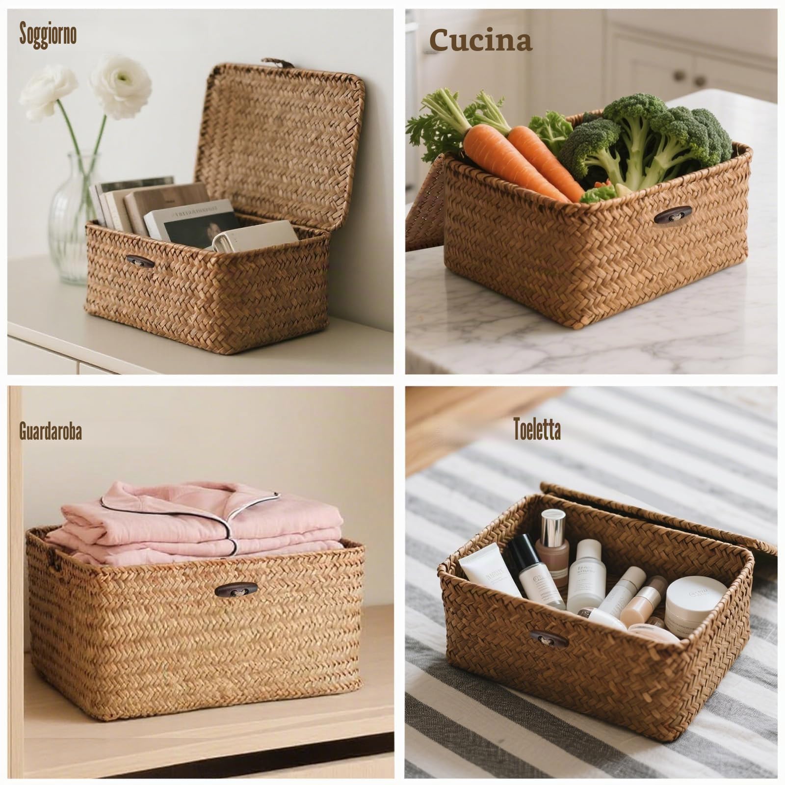 3 Pezzi Cestino in Rattan con Coperchio, Cestini da Scaffale in Seagrass Naturale, Scatola Portaoggetti Rettangolare Multiuso Scatole Organizer per Bagno Cucina e Soggiorno