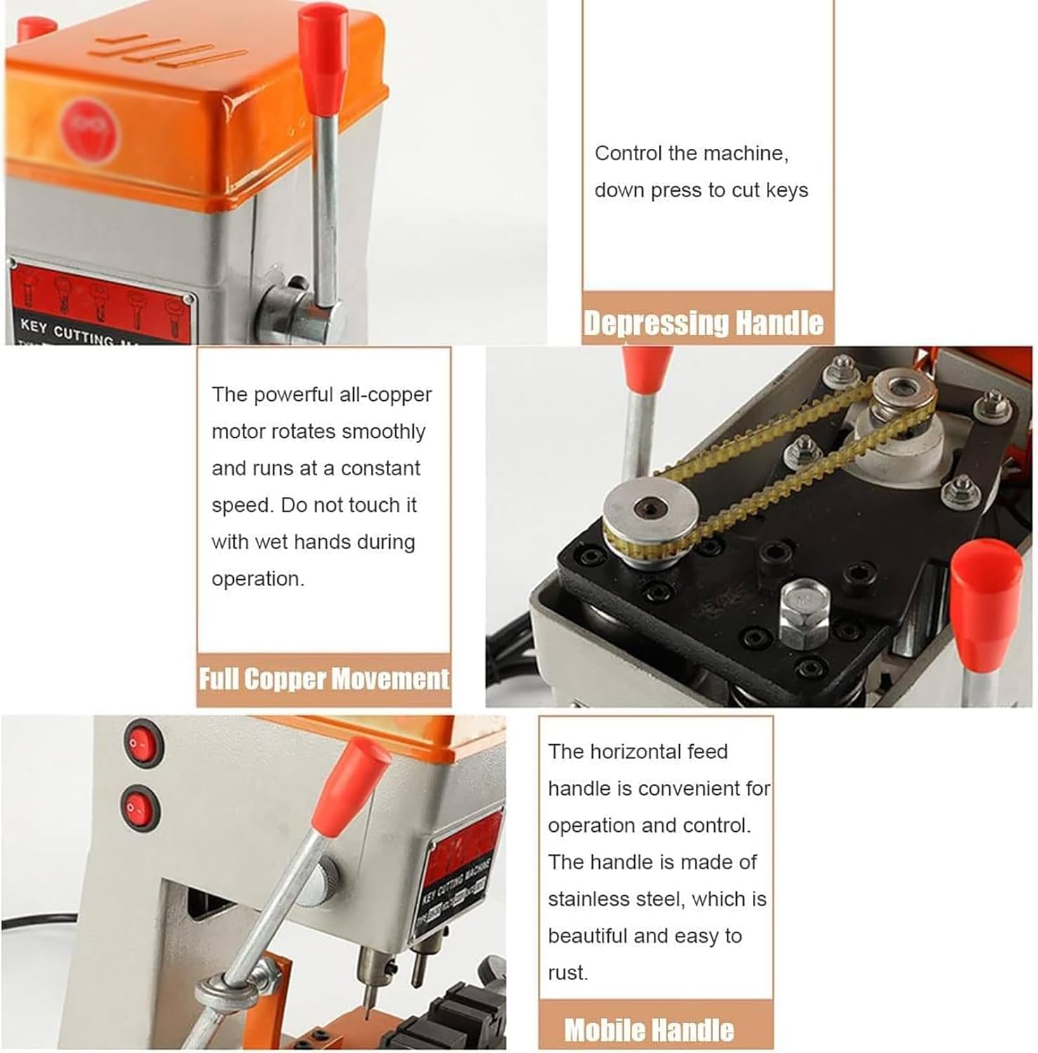 Close-up of key machine handles and motor