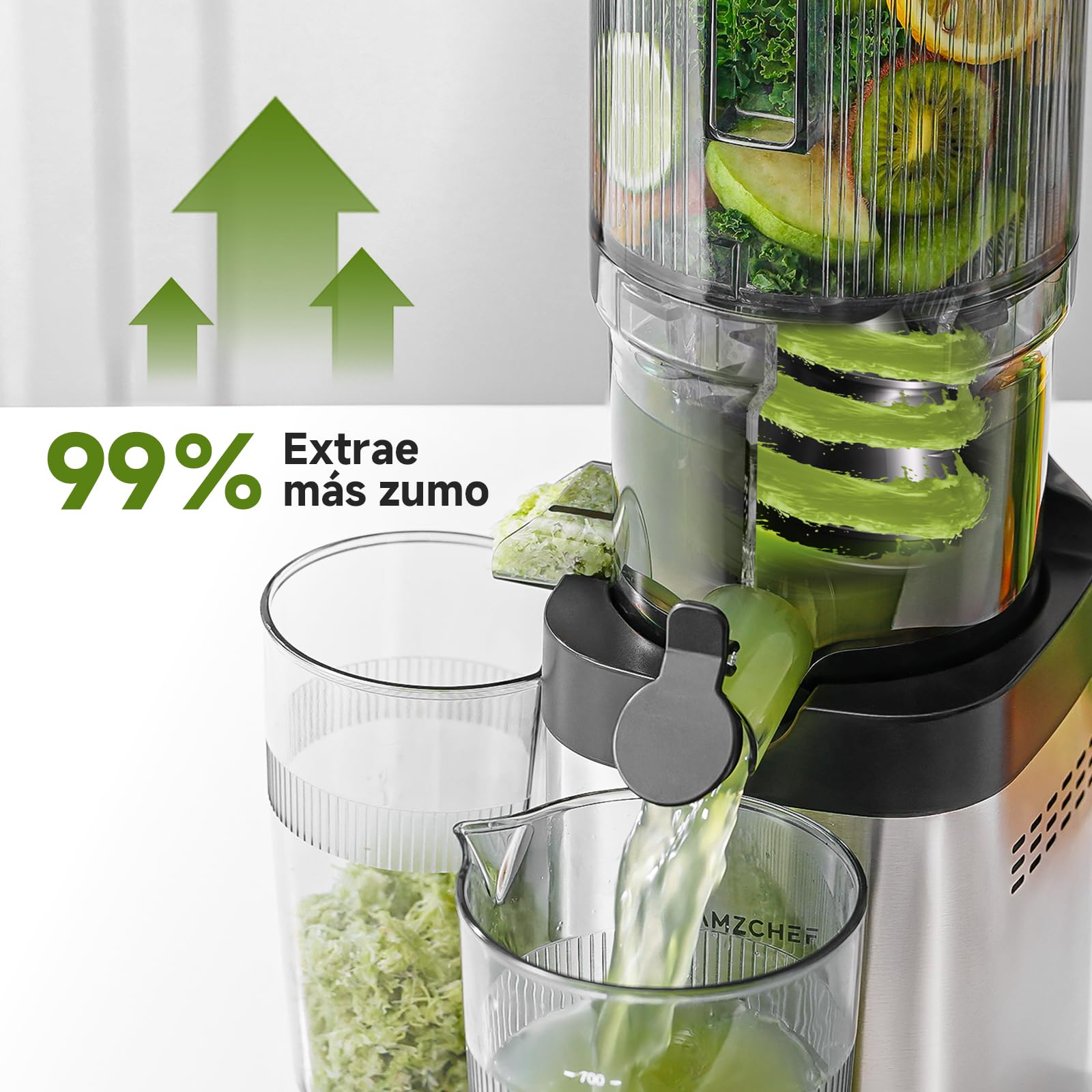 AMZCHEF Extractor de Zumos Prensado en Frío con Boca Ancha de 135 mm | Frutas y verduras enteras, 2 filtros para bebidas vegetales y sorbetes, 2 L, acero inoxidable plateado y fácil limpieza