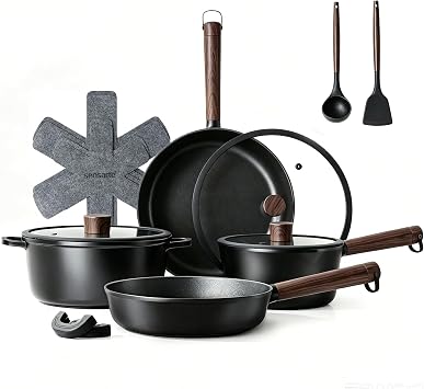 SENSARTE 14 Pcs Pots and Pans Set Non stick, Non toxic Healthy Cookware Set, Induction Kitchen Cooking Set, PFOA/PFOS Free, Black