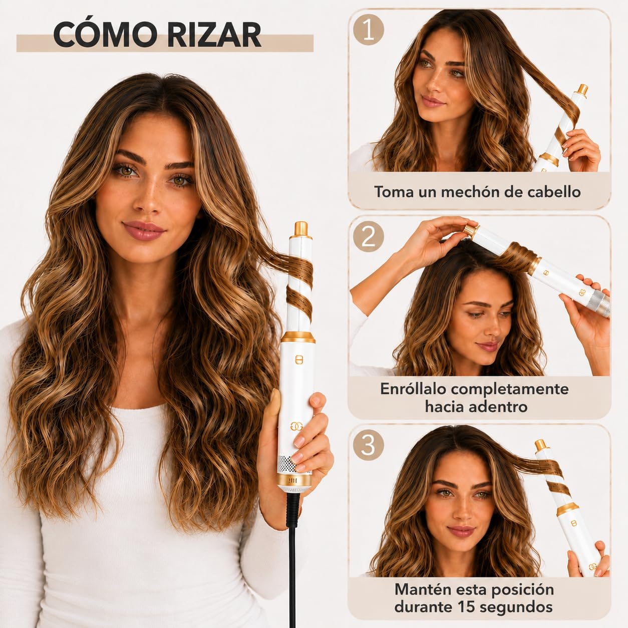 Cepillo secador de pelo 5 en 1 Golden Goods Multistyler, secador Airstyler con 5 accesorios cepillo de peinado caliente, secador ionico, Para alisar, rizar y secar, White/Gold Edition