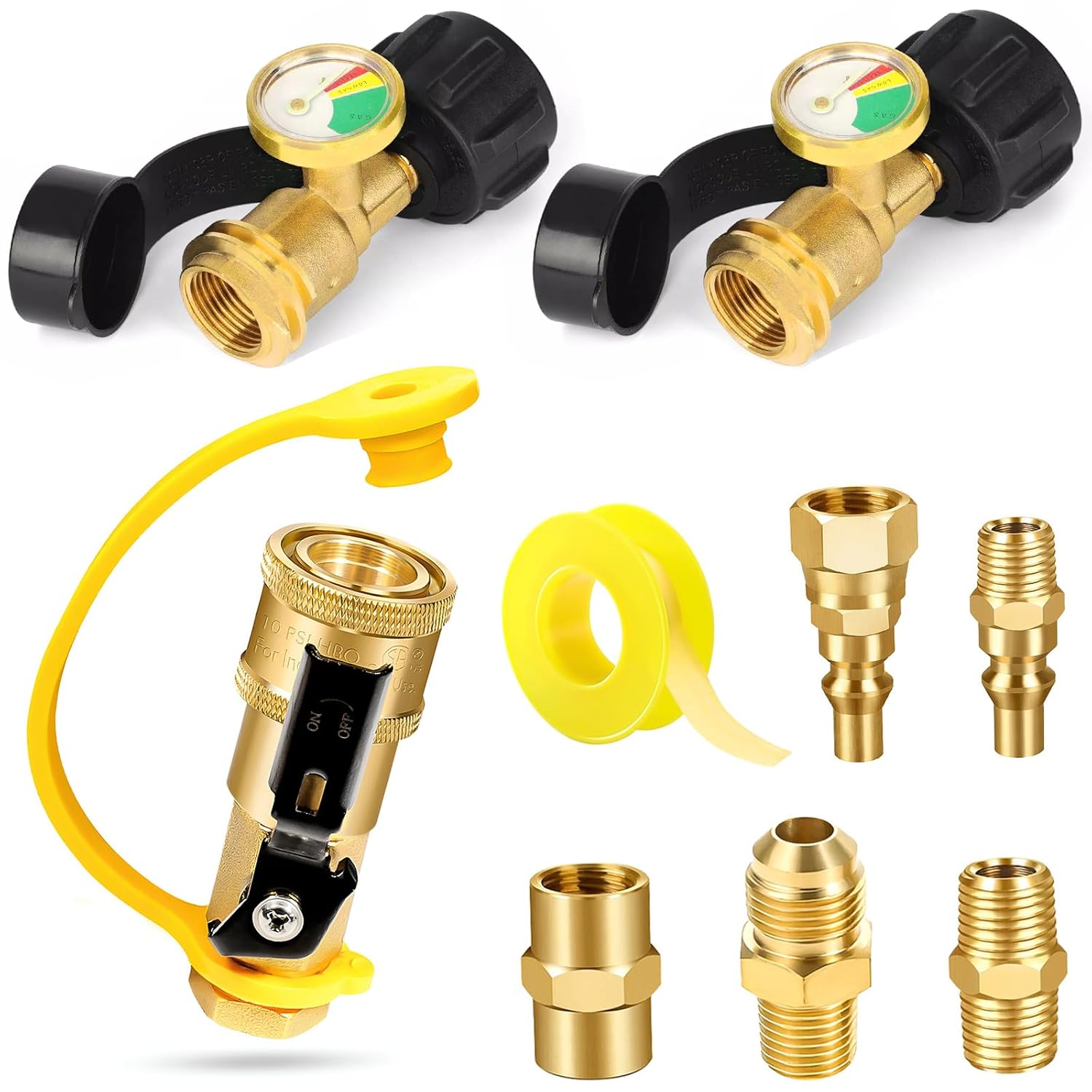 Propane Tank Gauge Level Indicator 2 Pack and 7pcs Propane Quick Connect Fittings, for BBQ Gas Grill, RV Camper Accessories, Heater, Propane Application