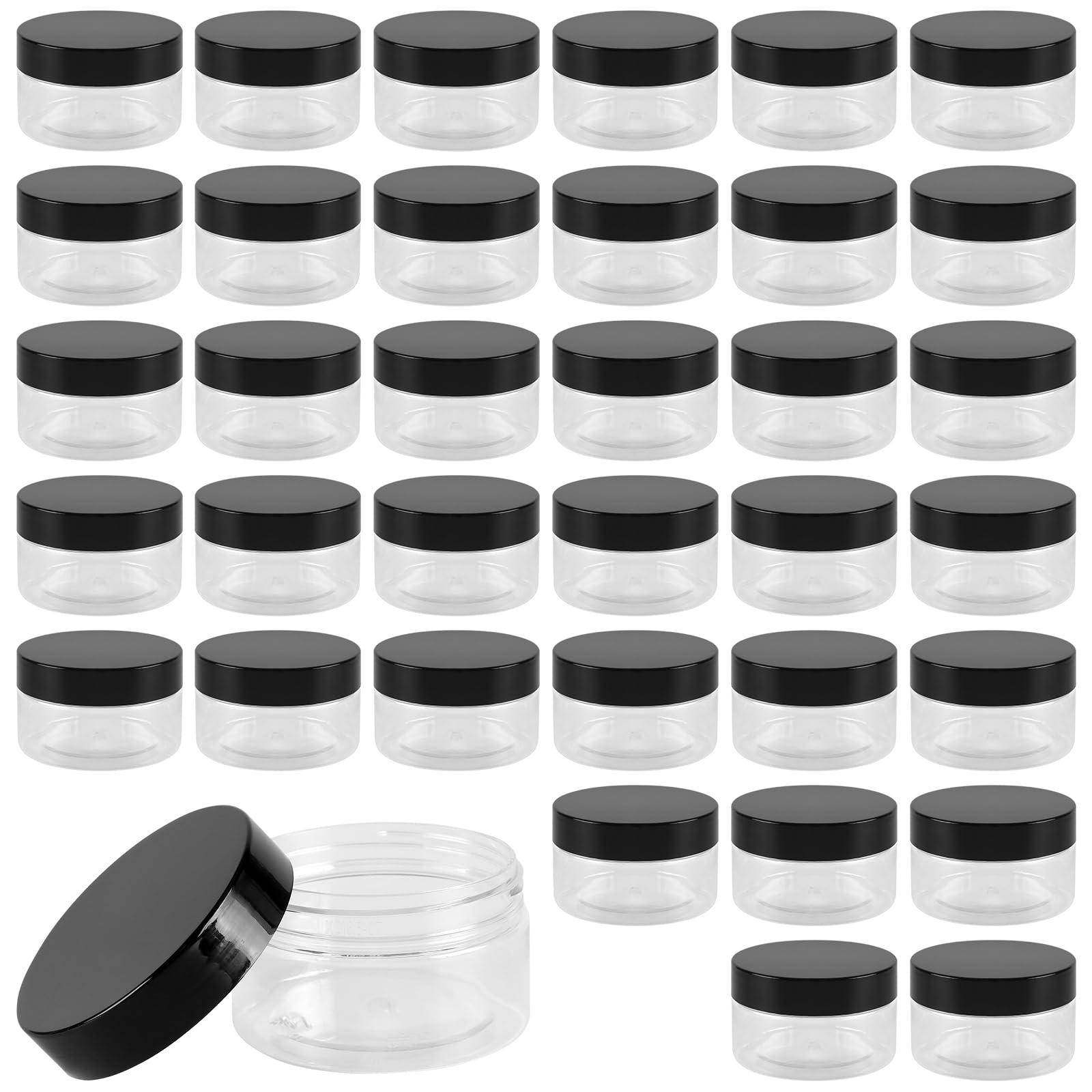 JOIKIT 36 Pack 100ml/3.5oz Clear Plastic Jars with Black Lids, Wide Mouth Plastic Storage Container for DIY Spices Nuts, 71x42mm