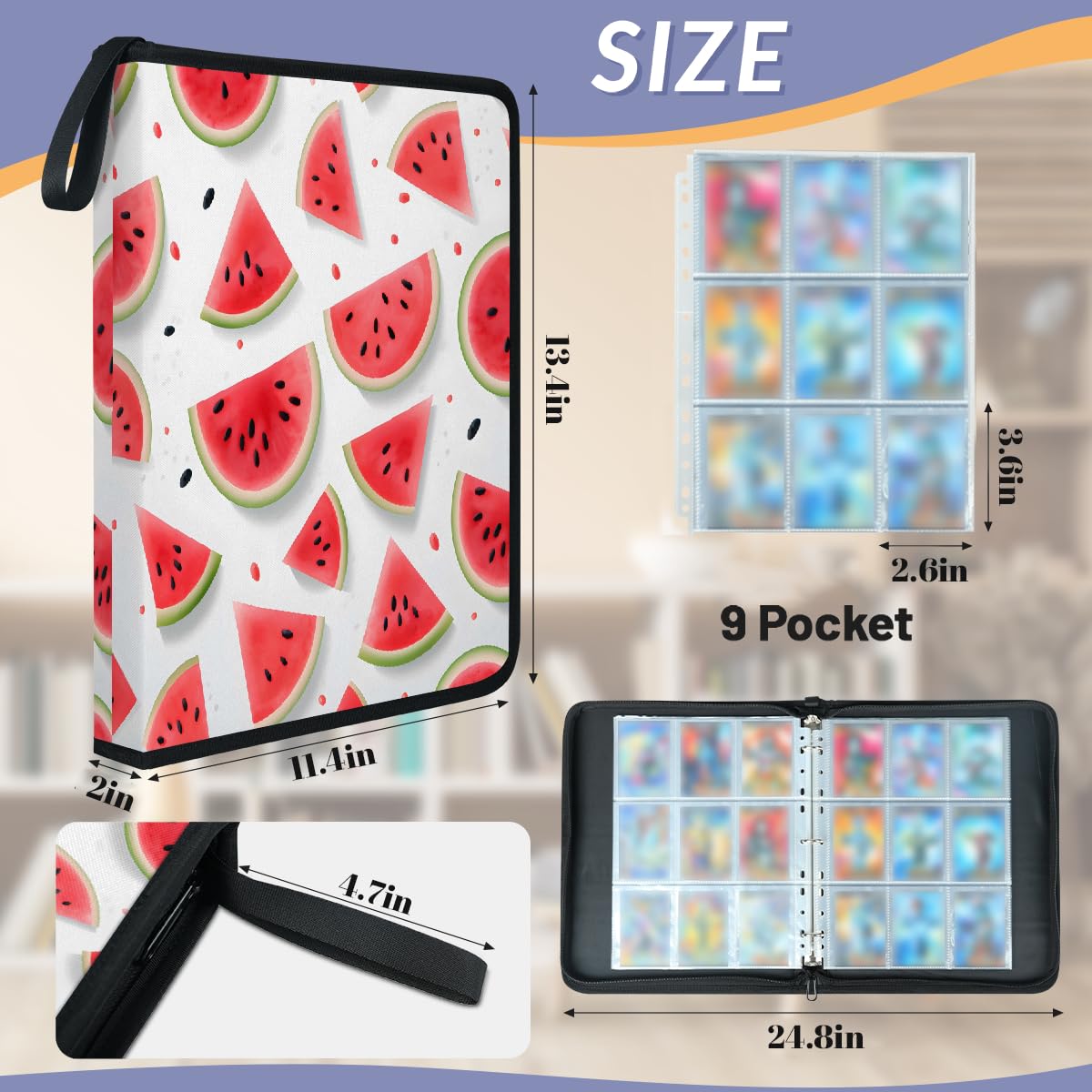 Carpeta para tarjetas de intercambio con 9 bolsillos, diseño de sandía, álbum de tarjetas de frutas de verano con fundas extraíbles, libro de tarjetas impermeable con cremallera, capacidad para 50