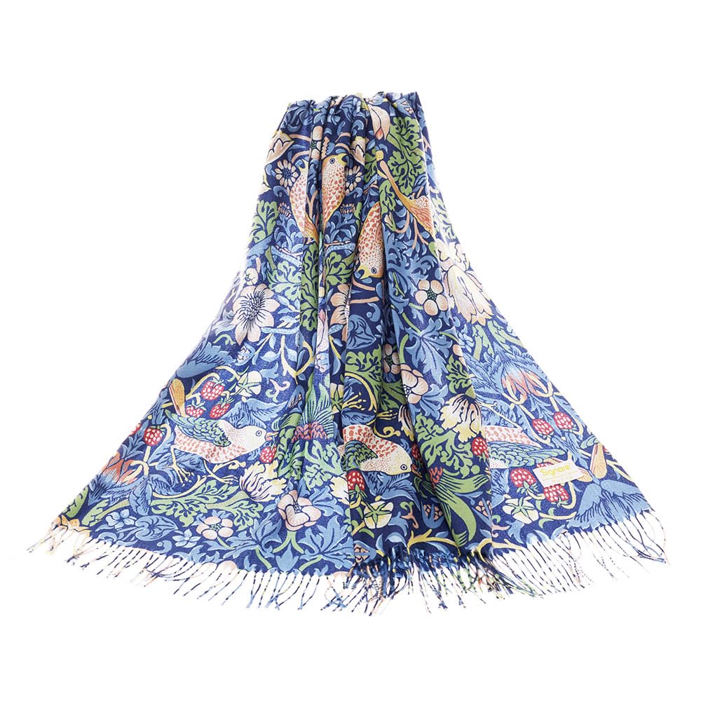 Signare Art Pashmina, wrap and shawl with Strawberry Thief by William Morris in Blue Backdrop