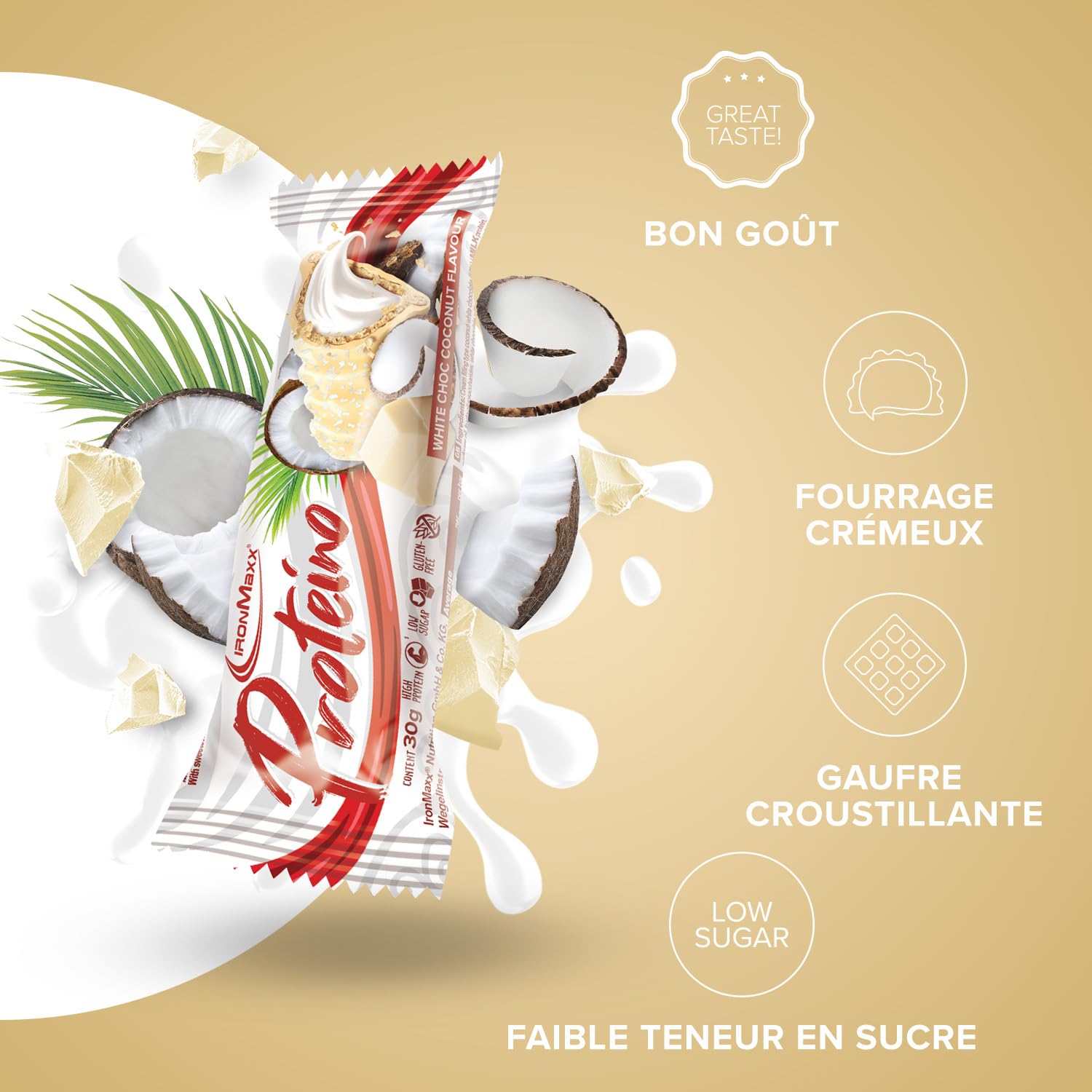 IronMaxx Barre protéinée Proteino Chocolat blanc noix de coco 12 x 30 g – barres protéinées façon gaufrette, barre proteine faible en sucre, snack protéiné sans gluten pour fitness