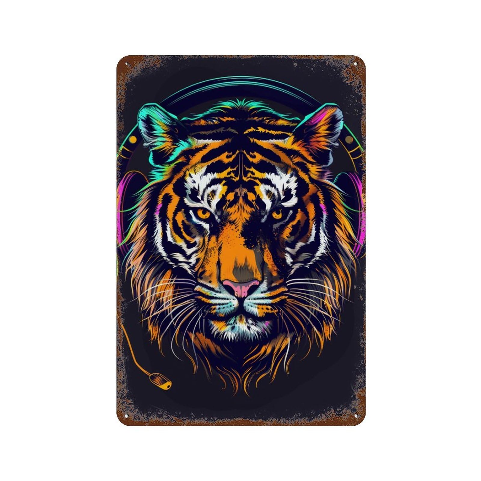 Vibrant Tiger Headphones Art Rusty Metal Tin Sign 11.8"x7.9", for Pub, Kitchen And Man Cave Decor, Novelty Wall Decor