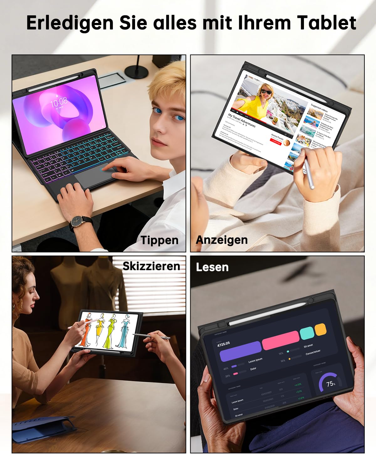 ROOFEI für Lenovo Idea Tab Plus 12,1 Zoll 2025 Hülle mit QWERTZ Tastatur - Regenbogen-Hintergrundbeleuchtung Magnetisch Abnehmbar Tastatur mit Trackpad für Lenovo Idea Tab Plus 12,1" Tablet TB365FC