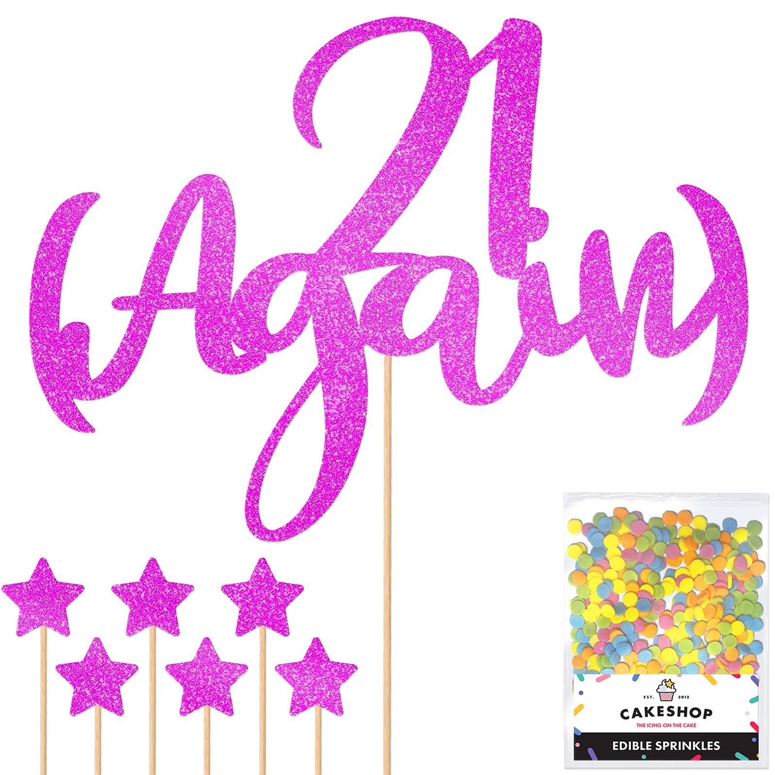 Personalised Funny Old Joke 21 Again Glitter Cake Topper - Pink Any Age Glitter Cake Decoration and Sprinkles - Happy Birthday Decorations - Personalised Toppers for Cakes by Cakeshop