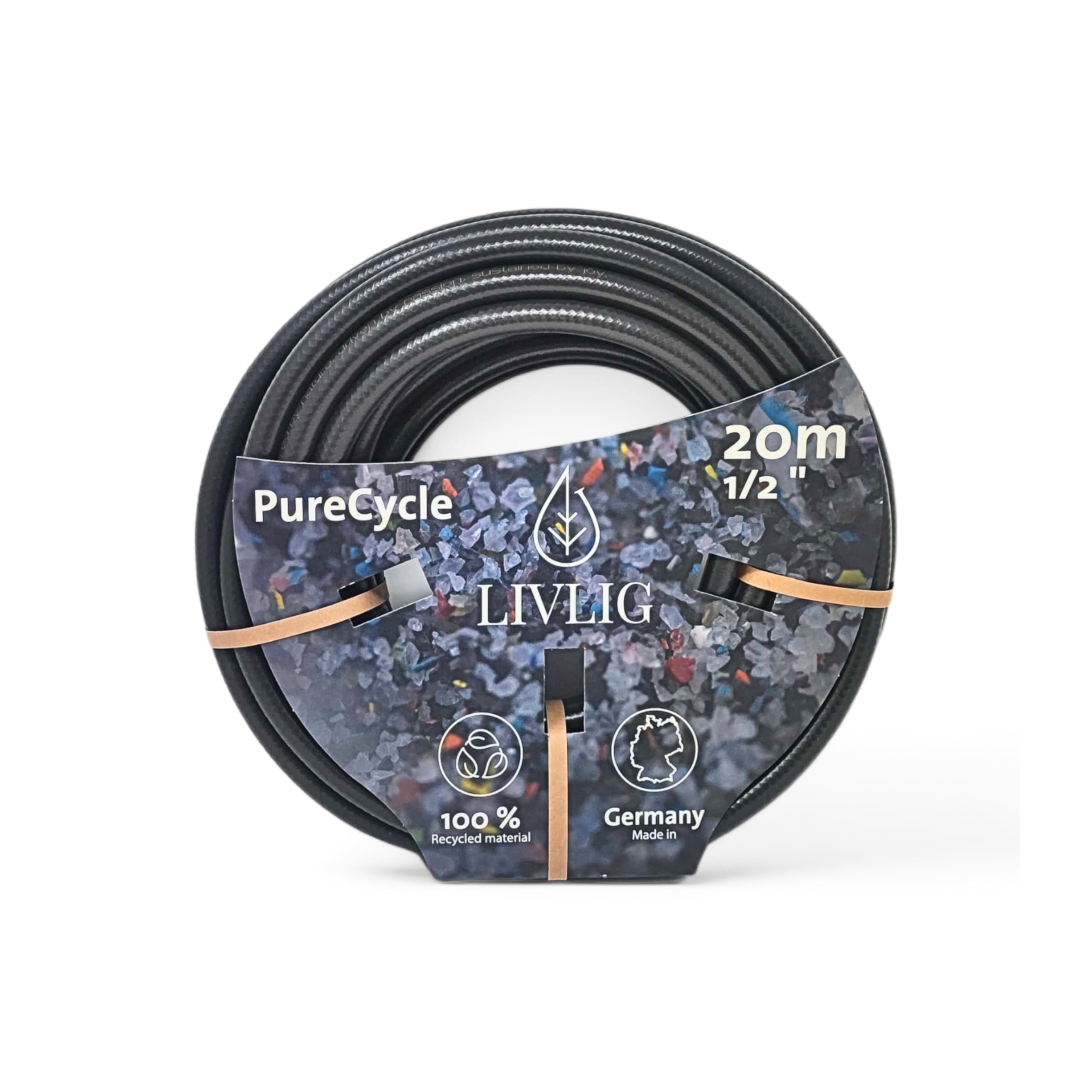 LIVLIG Garden Hose 20m, Garden Hose 1/2 inch Made in Germany, Water Hose 10m Made of 100% Recycled Material, dimensionally Stable, PureCycle