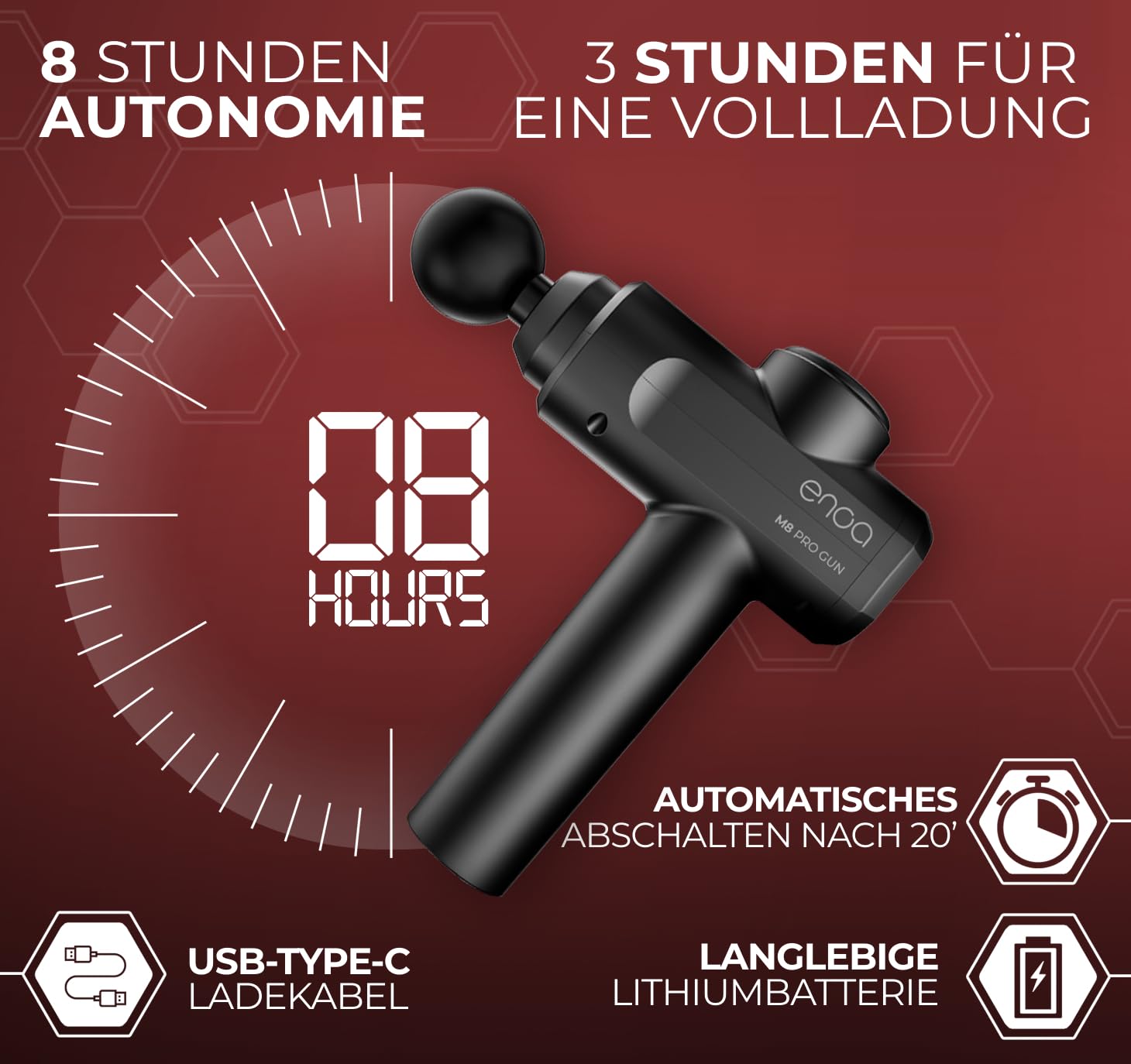 ENOA M8 PRO Massagepistole – Tiefengewebemassagegerät mit 30 Geschwindigkeiten, 6 Aufsätzen, Leisem Betrieb, USB-C, LCD-Touchscreen und Tragetasche | Tiefengewebemassagegerät, 30 Geschwindigkeiten, 6 Aufsätze, Usb C, Lcd Touchscreen, Mit Tragetasche, Leis