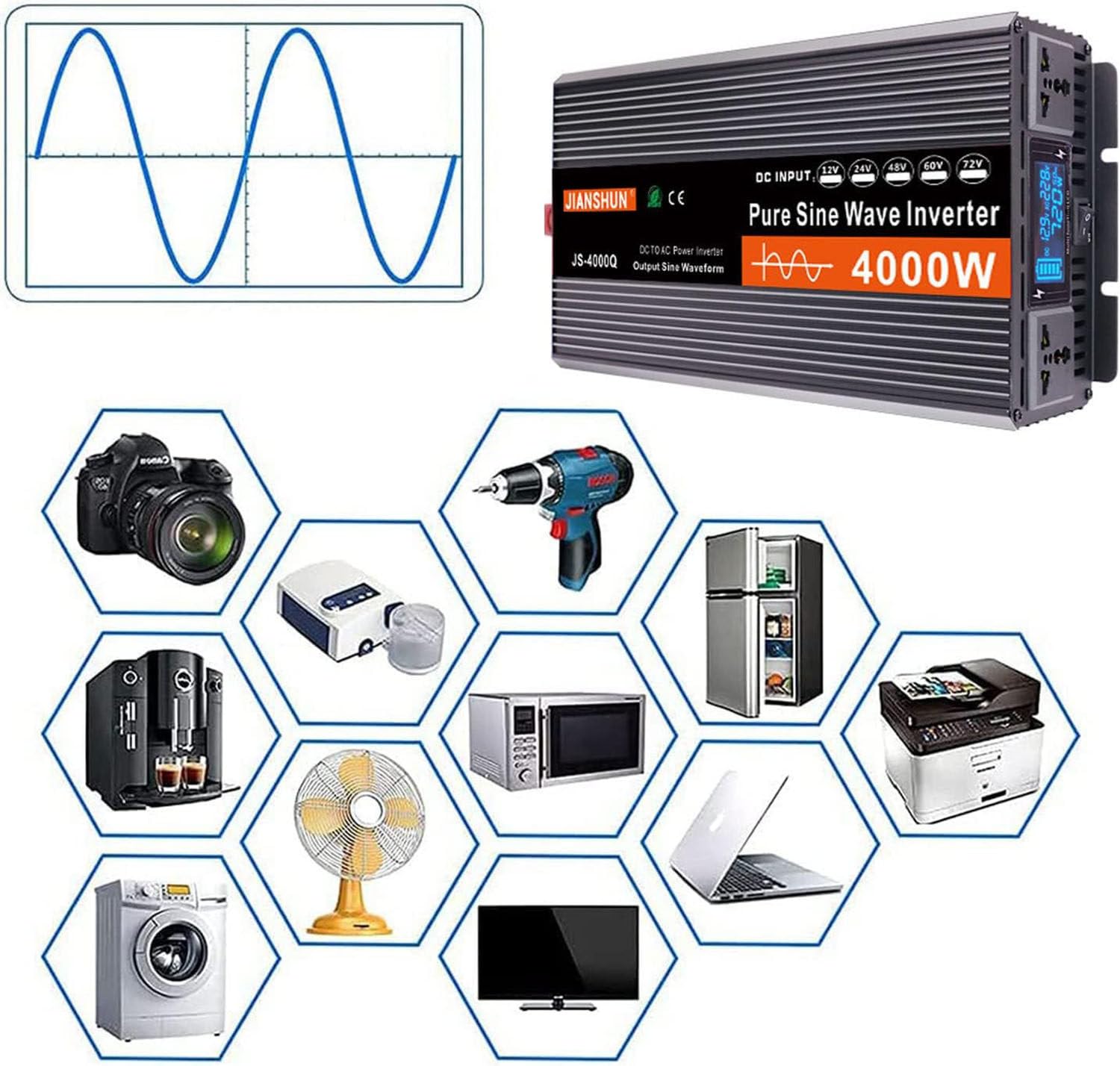 3000w 4000w 5000w 6000w Falownik Sinusoidalny, Konwerter Dc 12v/24v Na Ac 220v 230v 240v, Falownik Solarny Z Wyświetlaczem Lcd Na Kemping 6000W-60Vto220V