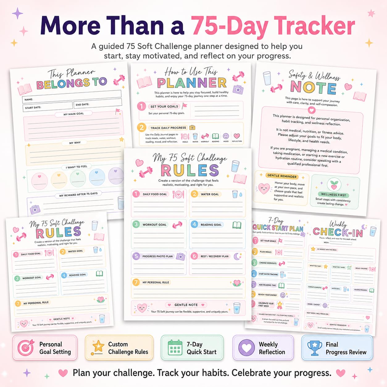 75 Soft Challenge Planner da donna, formato A4, spirale 75 Soft Challenge Journal, libro sfide morbido da 75 giorni con copertina impermeabile in PVC, tracker giornaliero delle sfide morbide 75