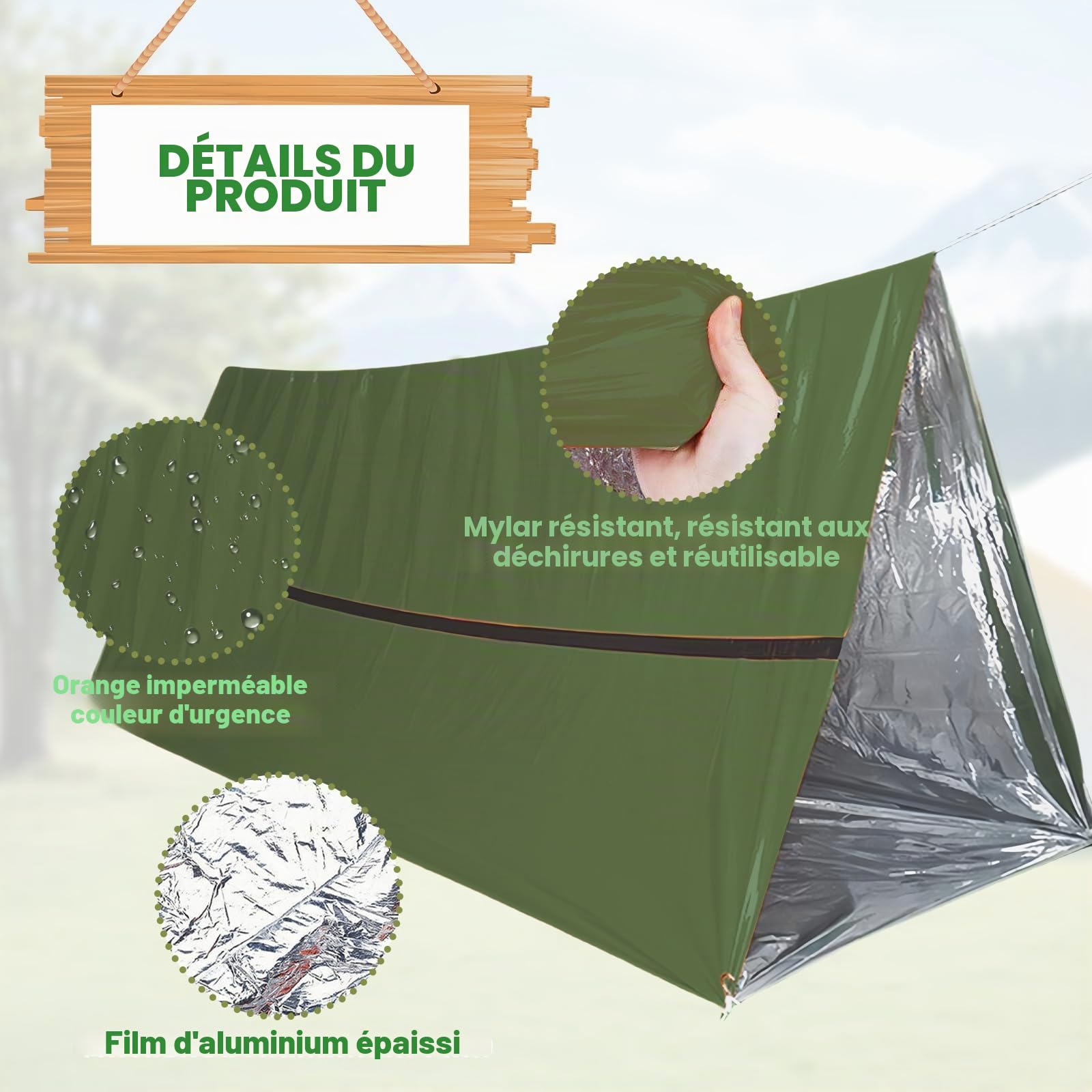 Sac de bivouac d'urgence réutilisable, tente d'urgence avec sac de transport & sifflet de signalisation & poncho de pluie d'urgence, tente de sauvetage pour camping, randonnée, premiers