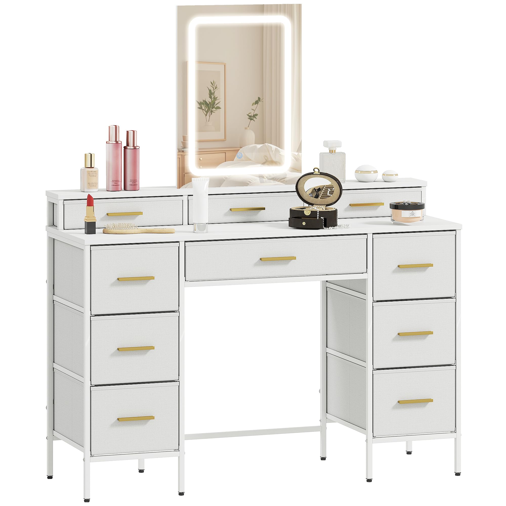 Rackhams White/Light Dressing Table With Led Lighting Mirror And 10 Drawers, - No - Led Mirror With Three Colours