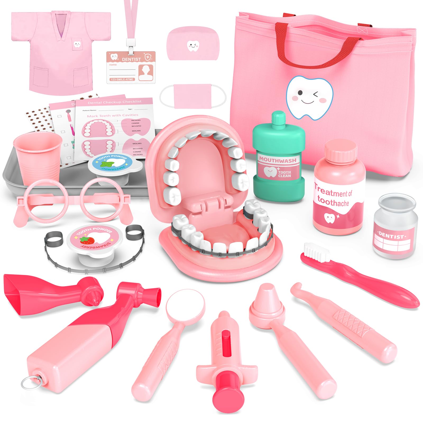 Dentist Play Set for Girls 3-5 - Doctor Kit Toy Gifts for 3 4 Year Old Toddler Girls, Pretend Play Montessori Toys Teeth and Dental Playset Medical Kits for Boys Kids 3 4 5 6 7 8 Pink