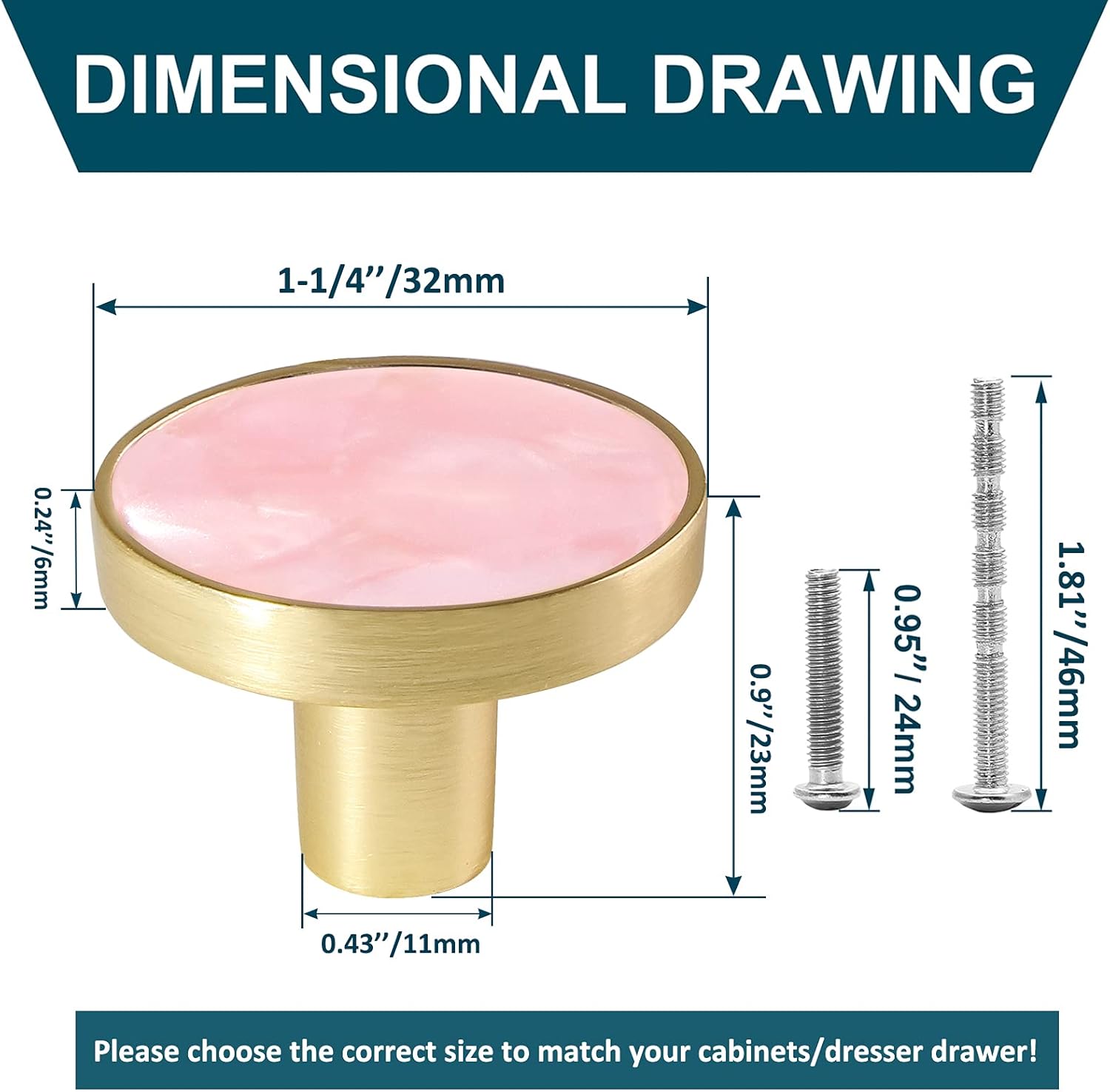 12 Pack Gold Knobs for Dresser Drawers, Brass Dresser Knobs Round Cabinet Knob for Kitchen Cabinet Cupboard Door Decorative Furniture Hardware, 1-1/4" Diameter, Pink