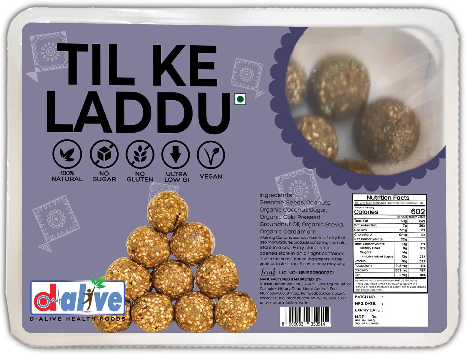 d alive Til Ke Laddu,Indian Sweets,Mithai-250G(20 Servings)-(Sugar-Free,100% Natural&Fresh,Gluten-Free,Low Carb,No Preservatives,Non-Gmo,Keto&Diabetes Friendly)-Makar Sankranti Festival Gift