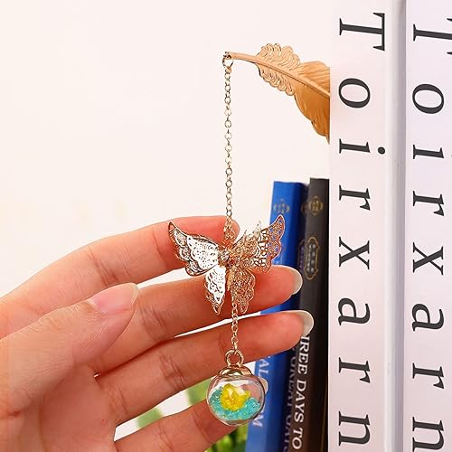 Miniatura 4 de Toirxarn Separador de libro de pluma de metal con dije de cristal color azul de flor seca de mariposa 3D. Regalo para mujeres, maestros, amigos,