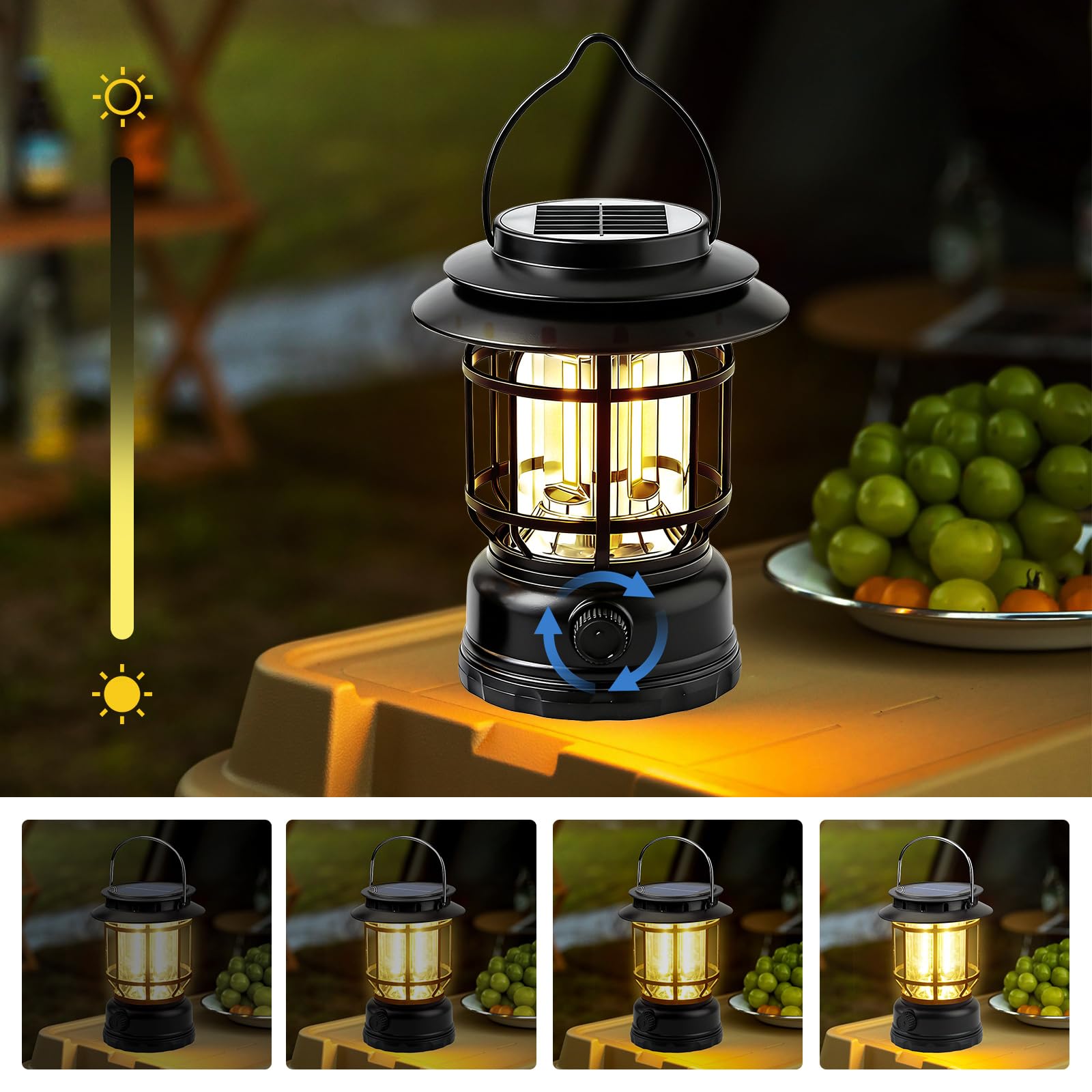 2 lampade da campeggio a LED, a energia solare, dimmerabili, USB, ricaricabili, retrò, da campeggio, IPX4, impermeabili, portatili, per pesca, emergenze, tenda all'aperto (nero)