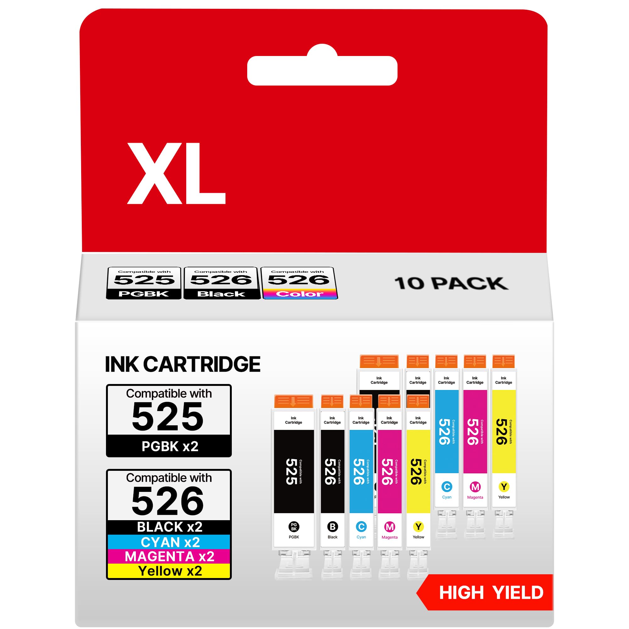 RUDGUZ 525 526 Multipack für Canon 526 Multipack für Canon MG5350 Patronen MG5150 MG5250 IP4950 IP4850 IX6550 MX715 MX885 MX895 CLI-526 PGI-525PGBK (PGBK Schwarz Cyan Gelb Magenta, 10er-Pack)