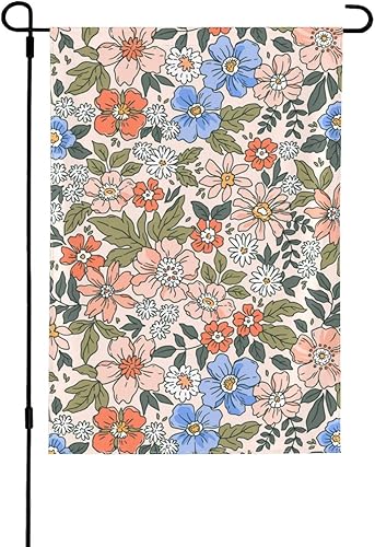 Miniatura 8 de Bandera de jardín floral retro de los años 70 de 12 x 18 pulgadas, bandera decorativa de primavera, pequeña, vertical, de doble cara, decoración de