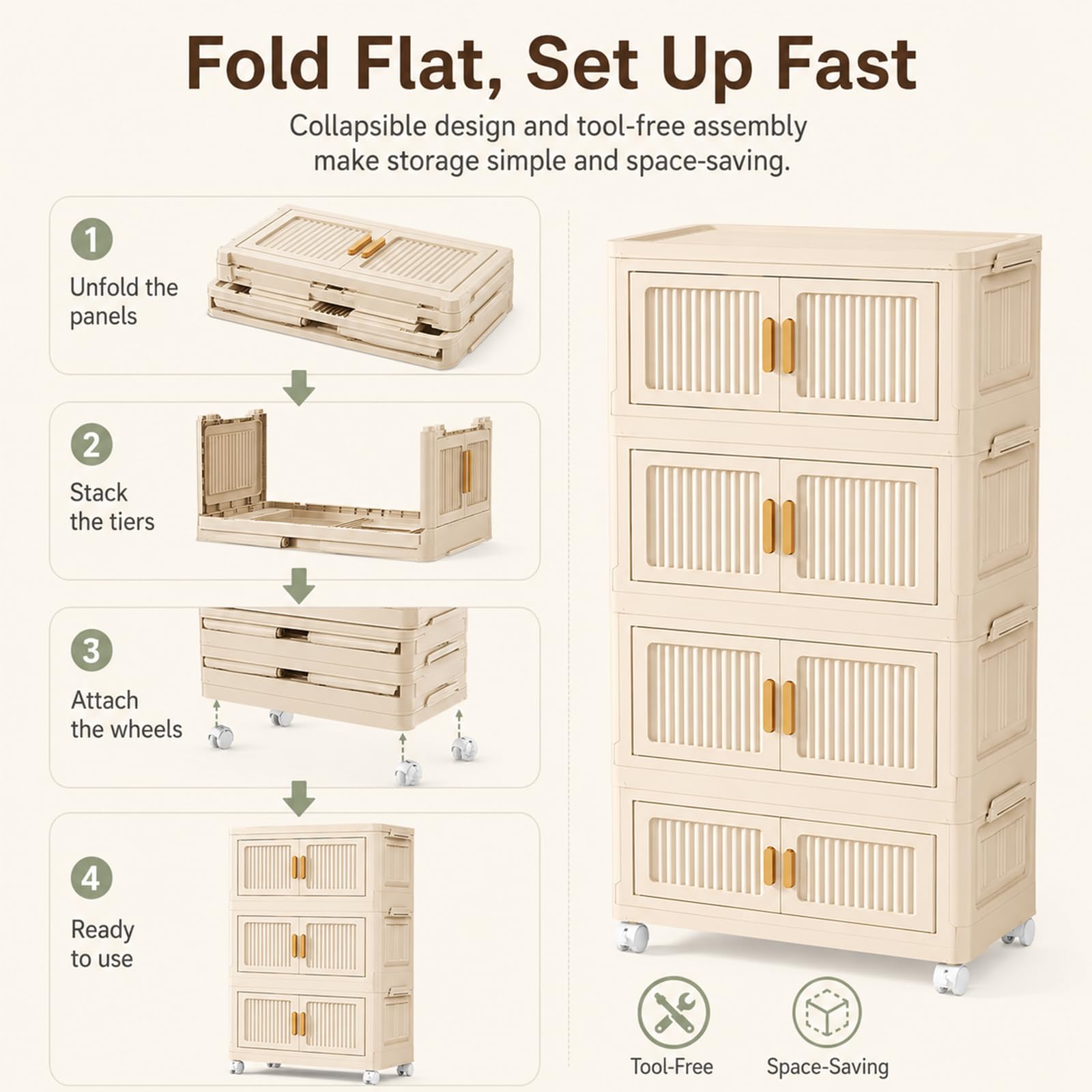 Caja de almacenamiento con tapa de 4 niveles, armario apilable con ruedas plegable, cajas de almacenamiento para dormitorio y cocina, organizador móvil de plástico crema, 45 x 27 x 89 cm