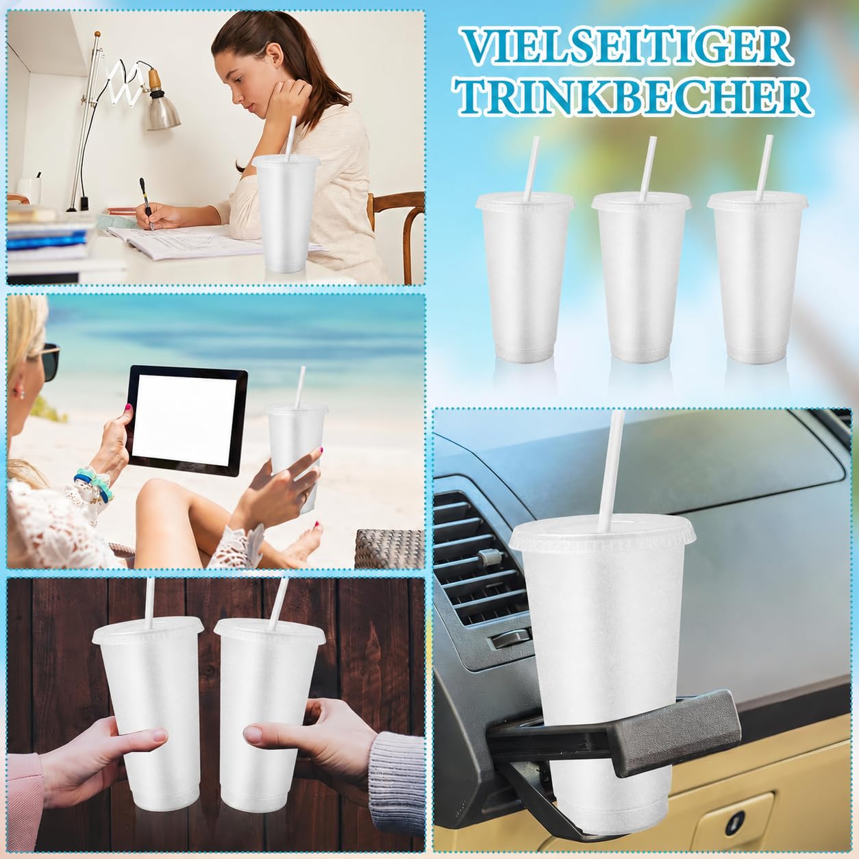 60er Pack Plastikbecher mit Deckel und Strohhalm, 710ml Kunststoff Glitzerbecher Set, Wiederverwendbare Partybecher für Eiskaffee Kaltes Trinken Smoothie Saft (Weiß)
