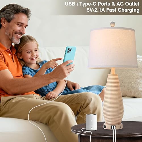 Miniatura 3 de Juego de 2 lámparas de mesa de granja con puertos USB C+A y salida de CA, lámparas de noche rústicas táctiles de 3 vías para sala de estar, lámparas