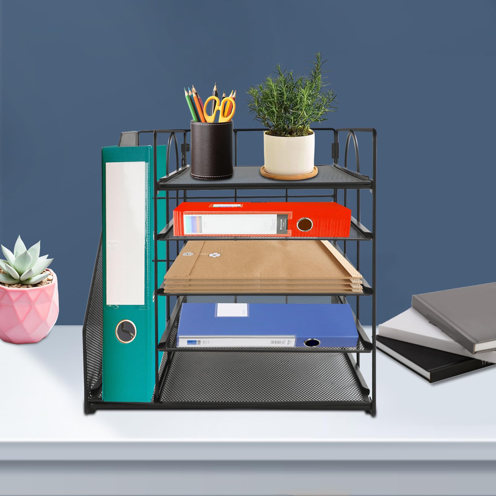 5-stopniowy organizer na biurko z uchwytem na dokumenty, 32 x 31 x 31,5 cm, półka na listy z siateczki, do biura, półka na dokumenty i czasopisma, czarny