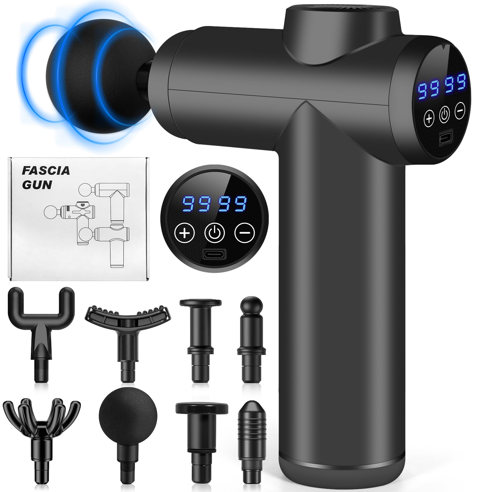 AQXONG Mini Pistola de Masaje Muscular, 99 Velocidades, Pistola de Masaje Ultrasilenciosa, 8 Cabezales de Masaje, Pantalla LCD, Batería de 2000mAh Masajeador Portátil - Alivia el Dolor Muscular