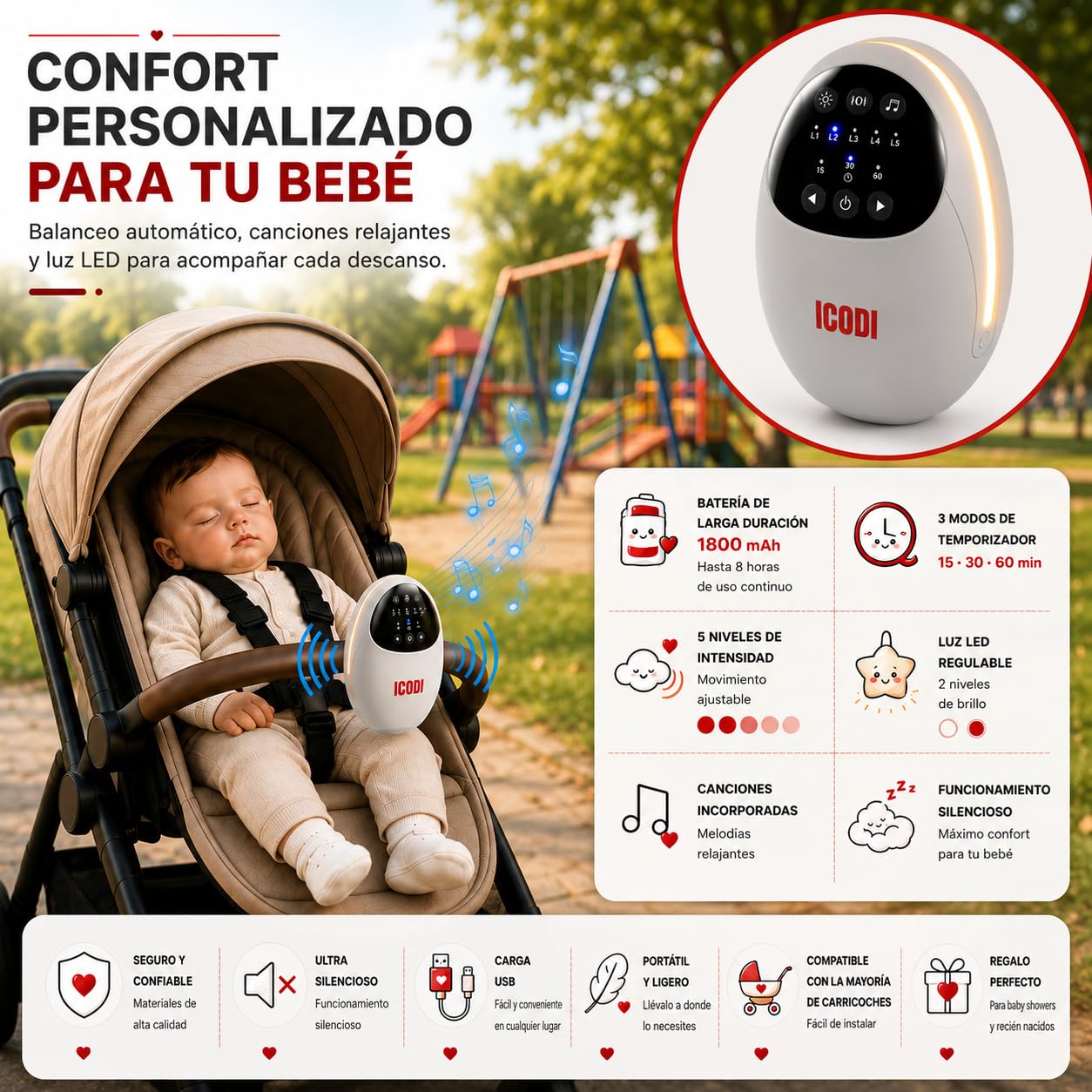 Baby Rocker Bebe 4 en 1, Mecedora Bebe Eléctrica para Carrito y Cuna con Bluetooth, Luz Nocturna LED, Ruido Blanco y Sonidos Relajantes, 5 Niveles de Intensidad, Temporizador, Batería Recargable USB-C