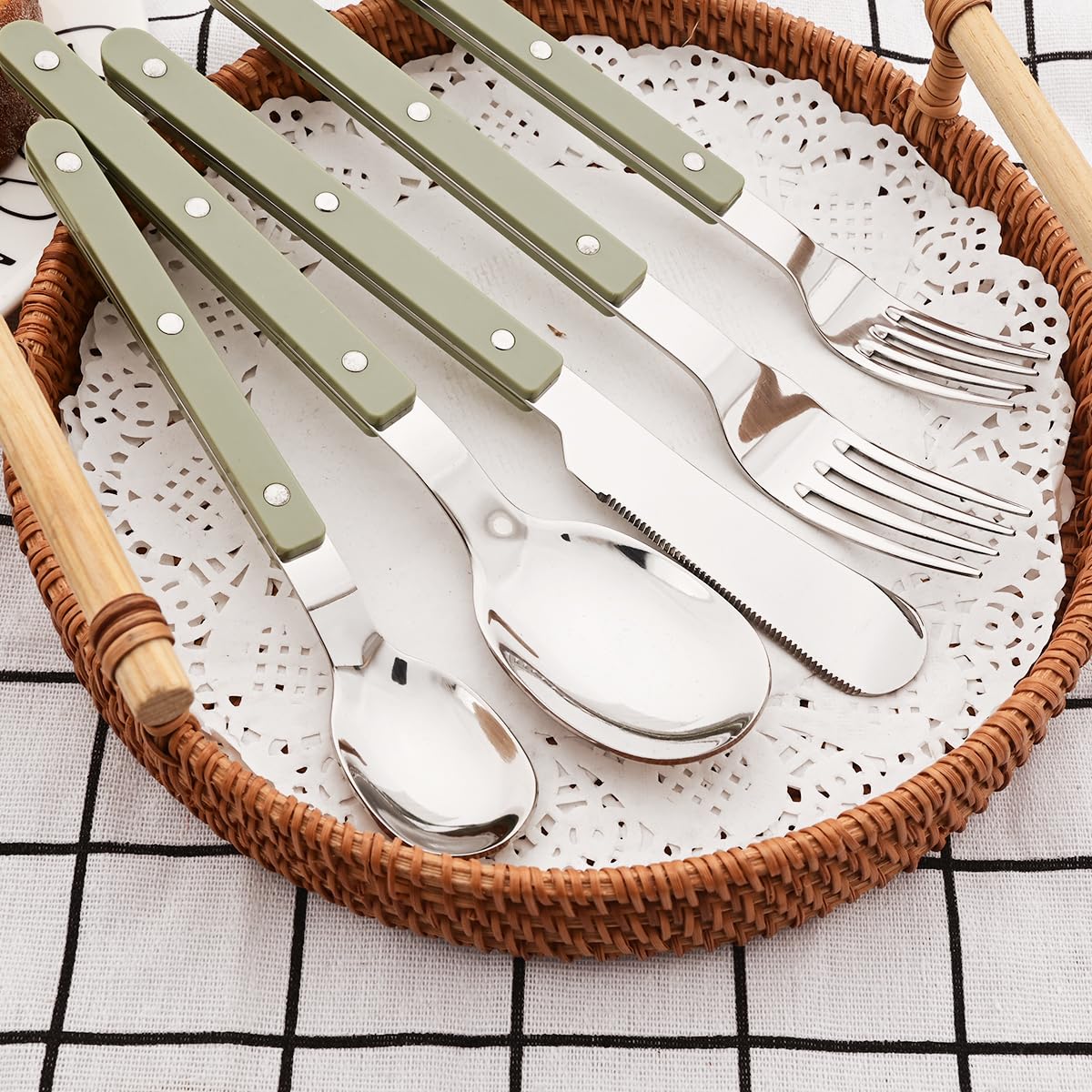 BRIIEC 6 Pieces Stainless Steel Table Forks Set Durable Dinner Fork Set, Green Acrylic Handle Silverware Set Retro Rivet Design, Mirror Polished, Dishwasher Safe