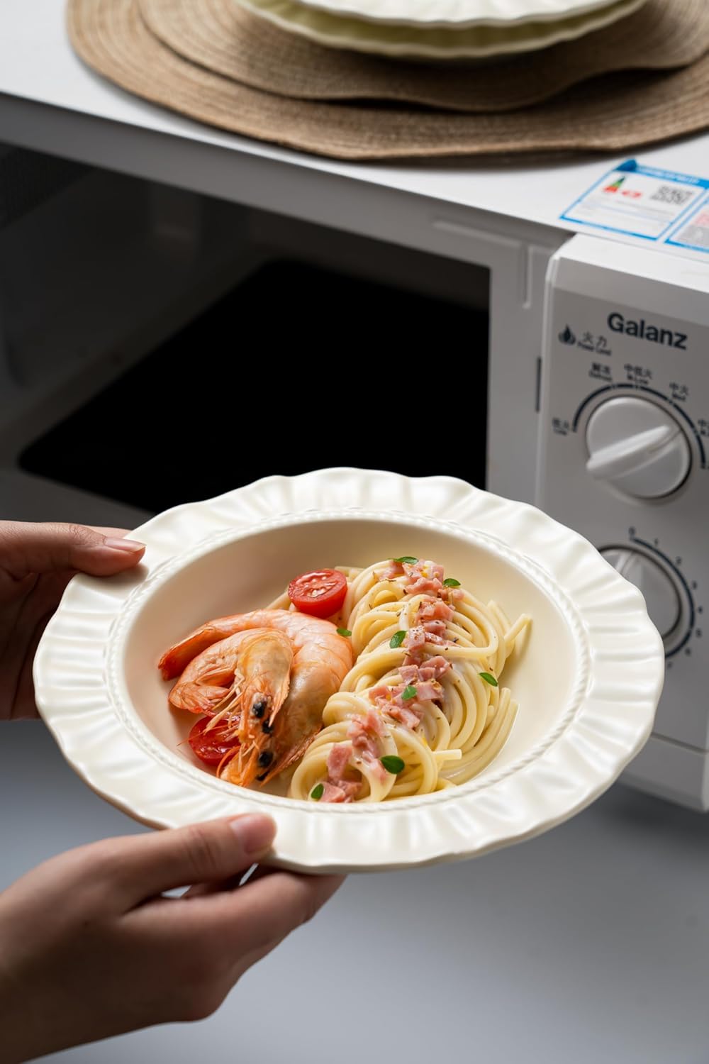 Ceramic Soup Bowls 8.6 in, Pasta Bowls & Plates, Cream color Floral-Embossed Wide Rim Shallow Bowls Set of 4, Italian Carving Design, Matte Finish Porcelain, Microwave & Dishwasher Safe