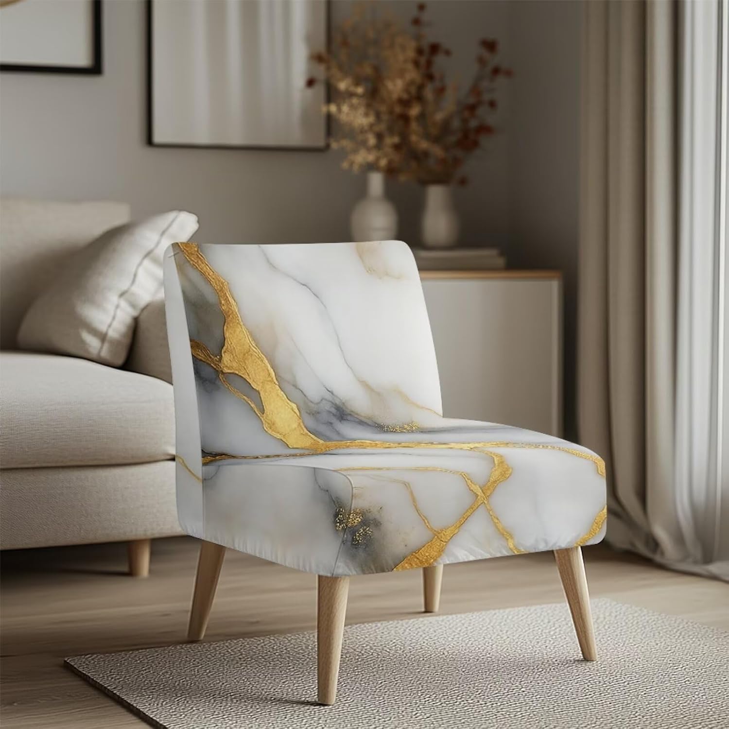 Kuiaobaty Gray Gold Marble Armless Accent Slipper Chair Cover Soft Armless Chair Cover Removable Stretchy Accent Sofa Slipcover Without Arms for Home Office Hotle Fesitival Decor