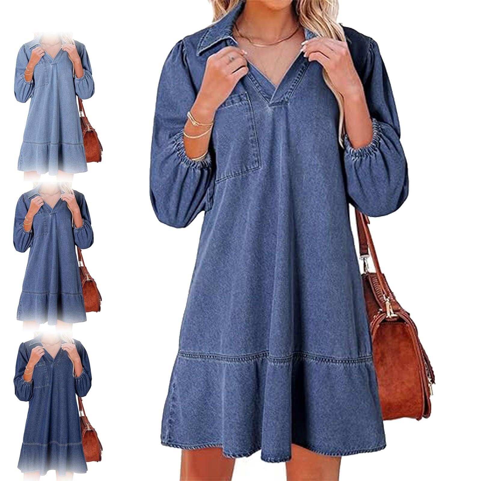 Abito Camicia in Denim da Donna - Scollo a V Manica a Sbuffo Design a Strati con Tasche, Abito Estivo Casual Sciolto con Maniche a 3/4