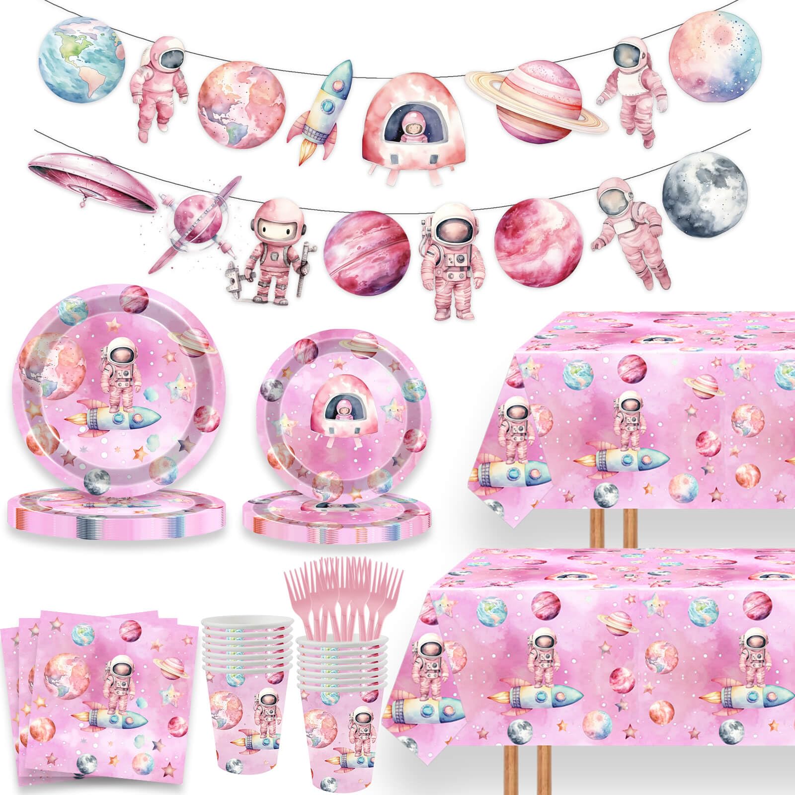 215 Pcs Outer Space Girls Birthday Decorations Pink Astronauts Dinnerware Tablecloth Cake Cupcake Topper Banner Balloon Garland Kit for Space Theme Baby Shower 1st 2nd 3rd Birthday Party Supplies