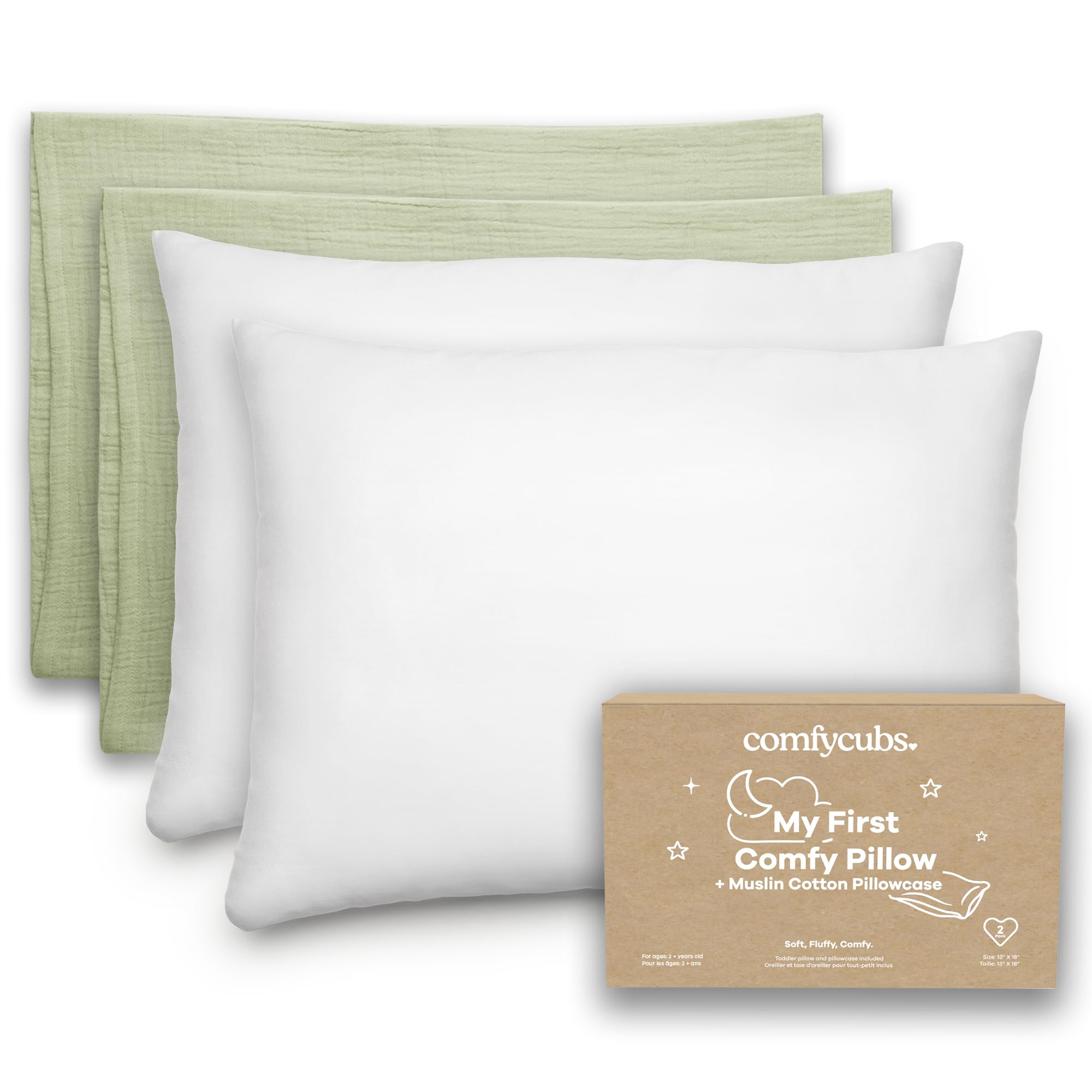 Comfy Cubs Toddler Pillow with Muslin Pillowcase, 13 x 18 in, 2 Pack - Lightweight, Breathable Microfiber Fill for Sleeping and Travel - Soft and Cozy Small Pillow for Toddlers - Sage