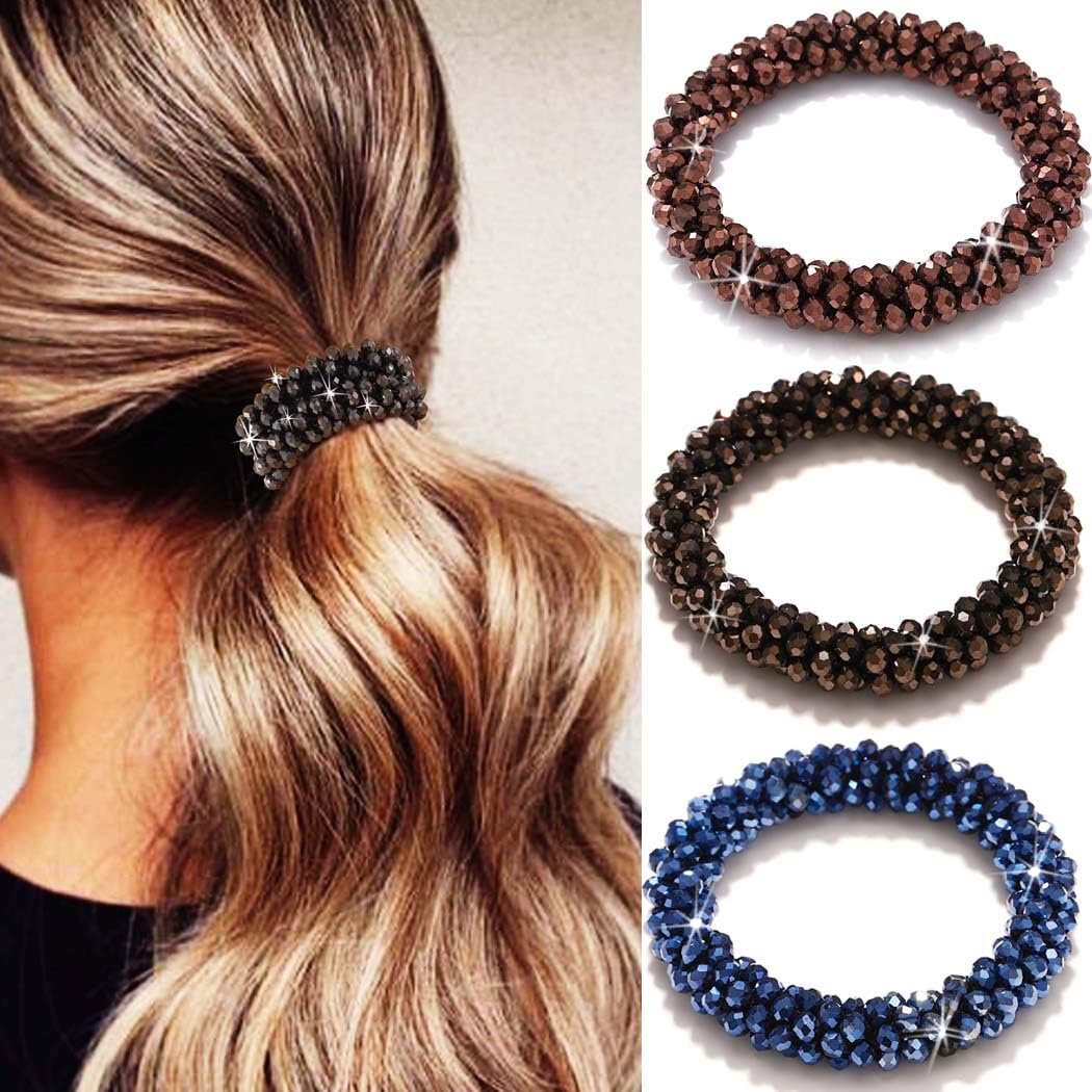 Reaky Beaded Scrunchie Fancy Hair Bobble Sparkly Rhinestone Hair Ties Hair Accessories for Women, Black, Blue, Brown