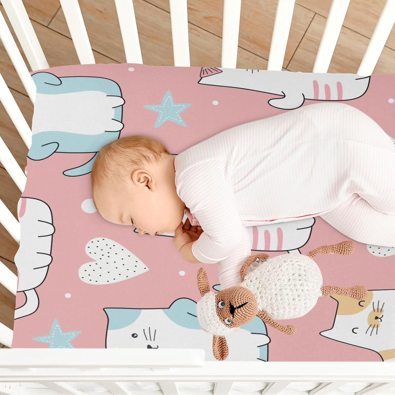 Cute Cat Crib Sheets Stretchy Portable Sheets for Baby Toddler Breathable Soft Crib Mattress Sheet for Girls Boys