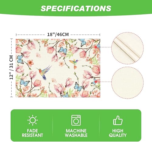 Miniatura 6 de Artoid Mode Juego de 4 manteles individuales redondos de primavera con diseño de flores, pájaros, mariposas, manteles redondos de verano de 15