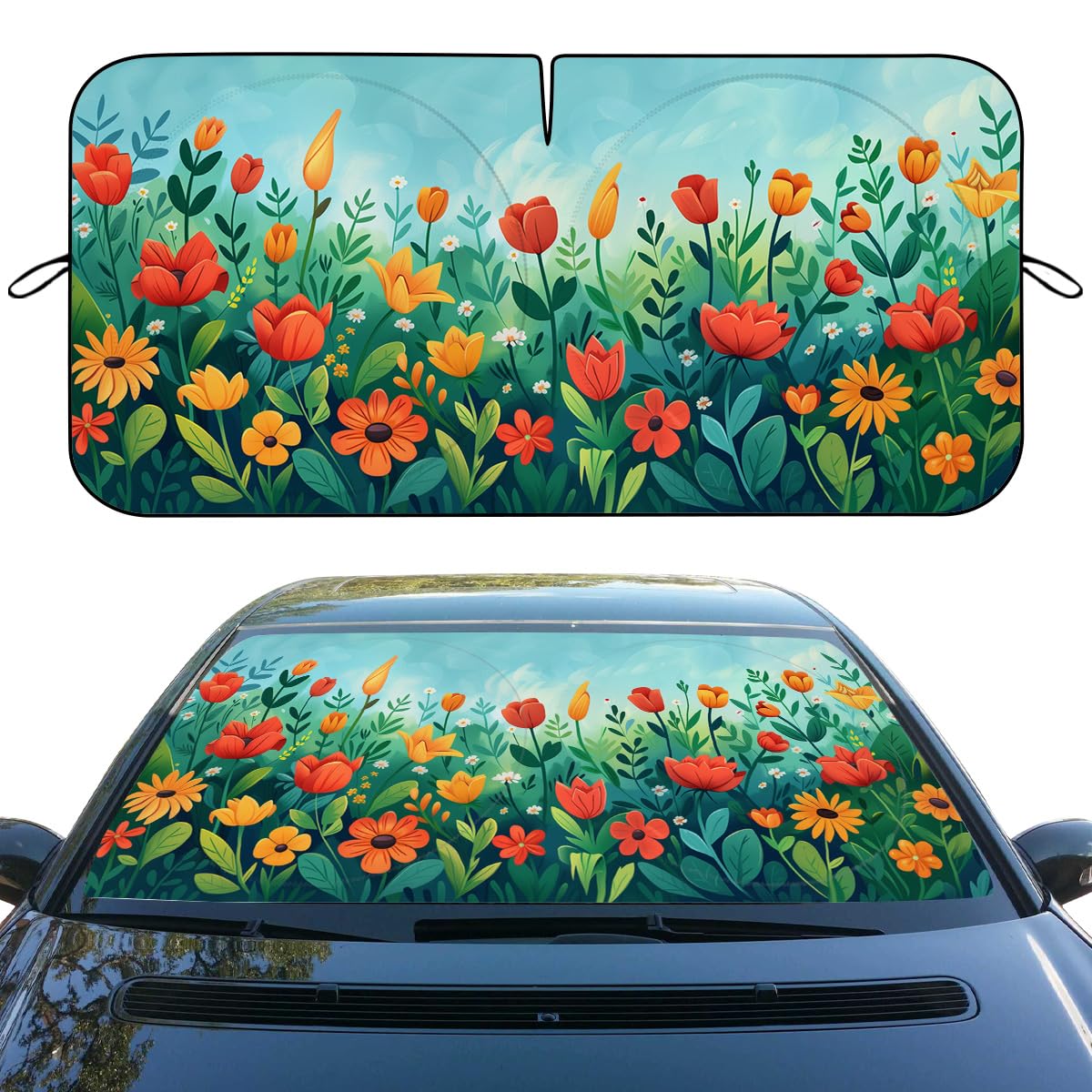 Flower Car Windshield Sun Shade Colorful Green Leaf Floral Plant Heatshield Front Window Car Sun ​Shade Windshield Blocks UV Rays Sun Visor Protector