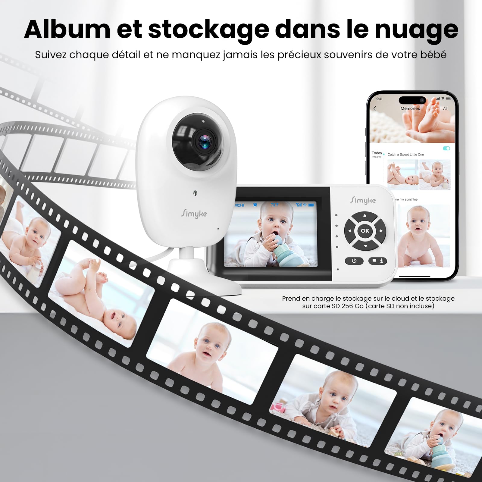 Simyke Moniteur Intelligent pour bébé, 2 caméras 1080p, Interrupteur Wi-FI Marche/arrêt, écran de 2,8" ou accès à Distance WiFi, Vision Nocturne, Longue portée de 450 m, Conversation bidirectionnelle