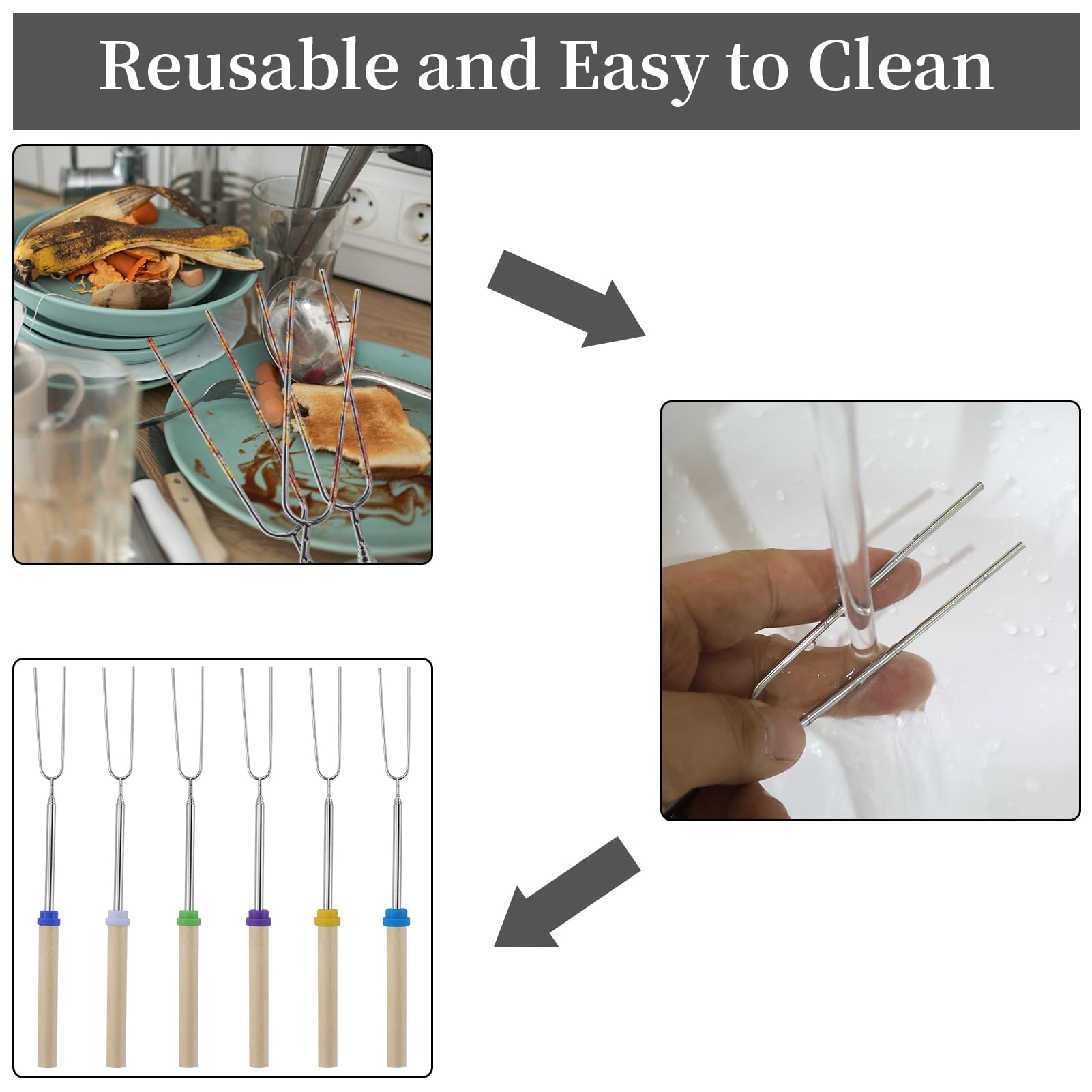 6 forchette da barbecue, bastoncini telescopici per arrostire marshmallow, allungabili, in acciaio inox, a forma di U, con manico in legno, spiedini per barbecue, campeggio, falò, camino, picnic