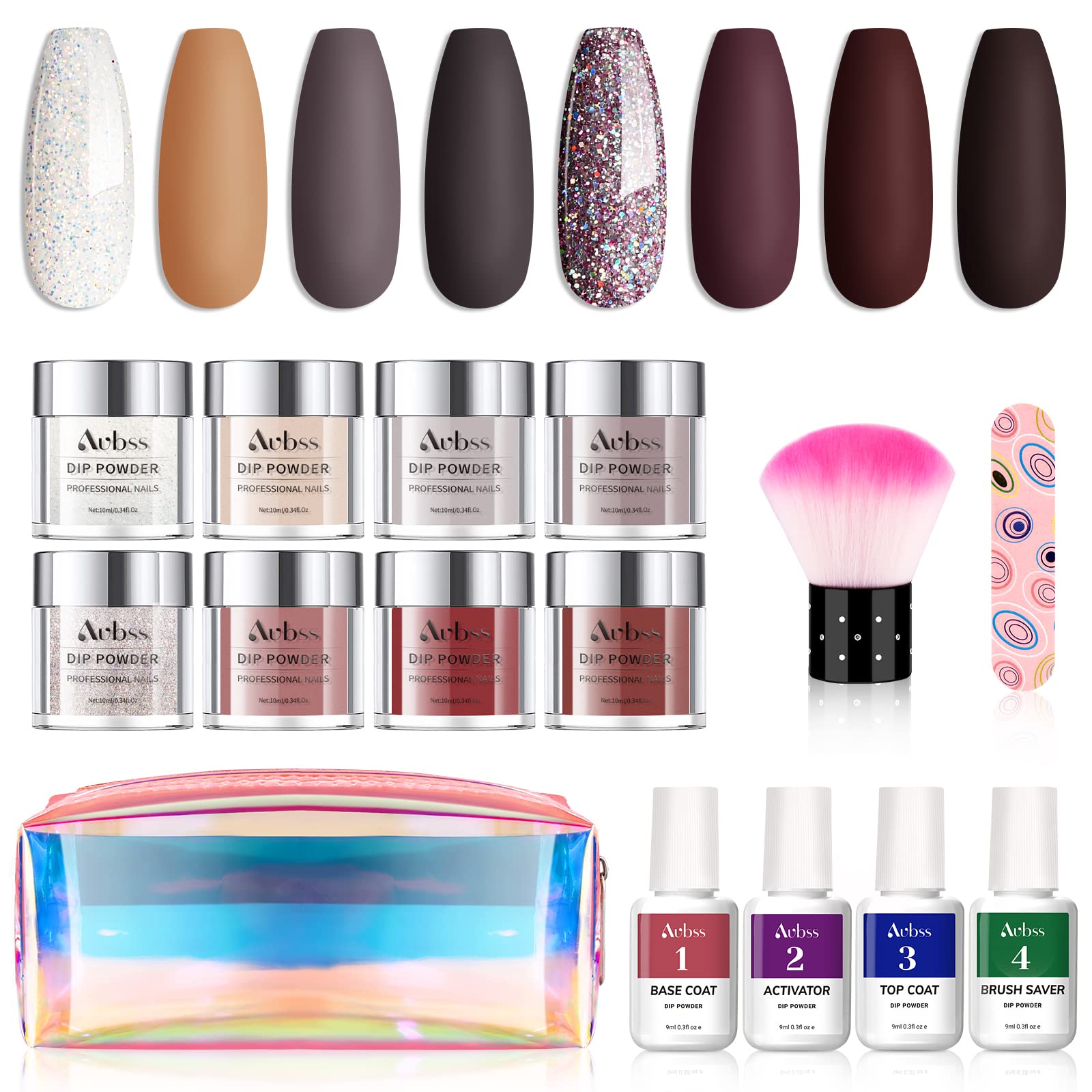 Photo 1 of Aubss 8 Colors Purple Glitter Dip Powder Nail Kit Starter, Acrylic Dipping Powder System for DIY Salon Nail Art Manicure, Dip Nail Kit with Base Top Coat Activator Brush Saver Beauty Nail Gift for French Nail Beginner 8 Colors-4